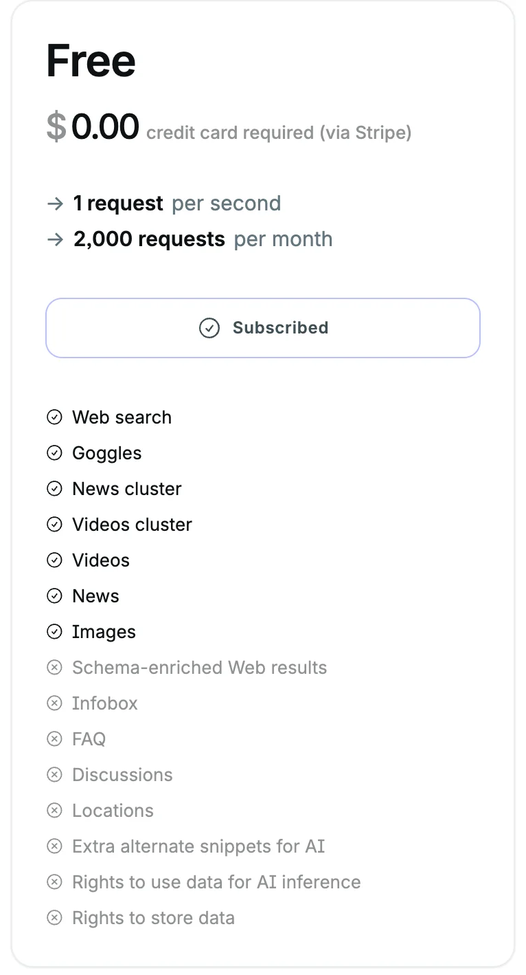 Brave Search API의 Free Tier 설명. 출처=Brave