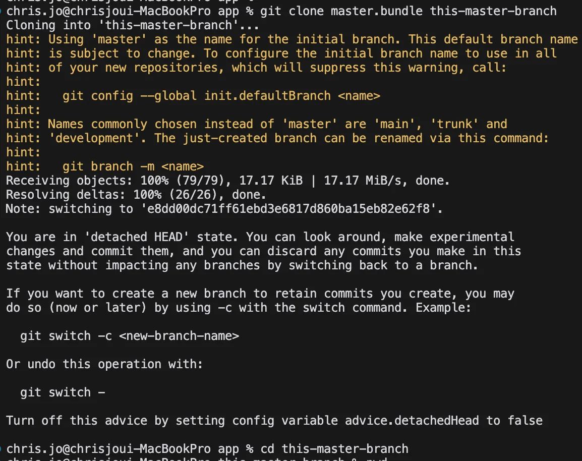 git clone으로 번들링된 파일에서 리포지터리를 clone 한 모습