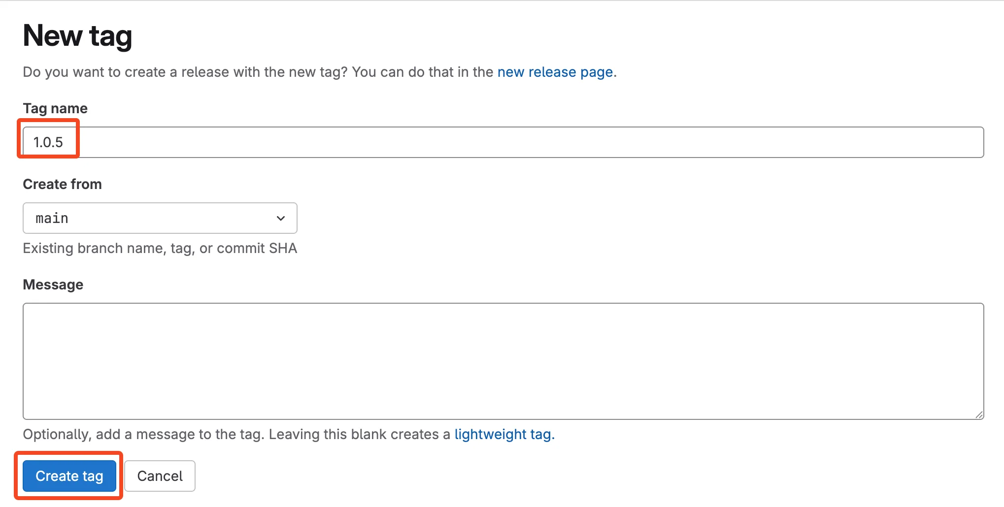 시맨틱 버저닝 태그를 생성하는 화면