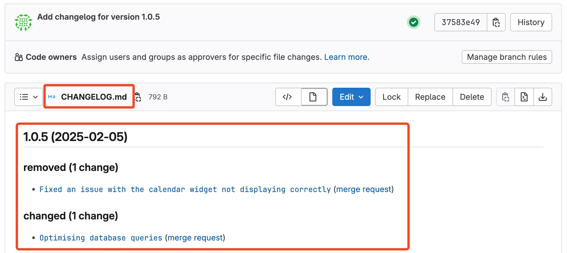 CHANGELOG.md 파일이 자동 업데이트된 결과