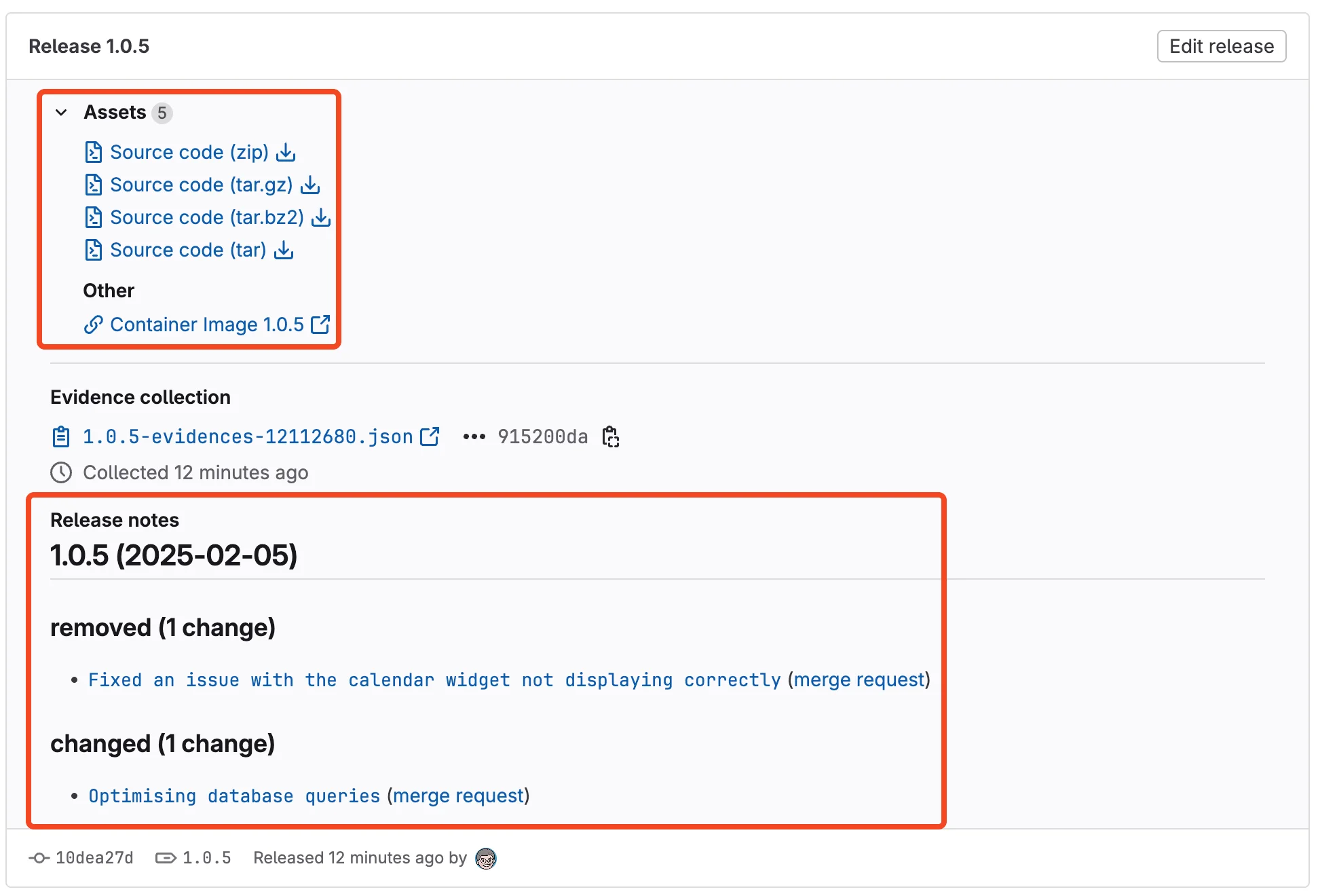 버전 1.0.5 릴리즈에 포함된 소스 코드, 컨테이너 이미지, 릴리즈 노트