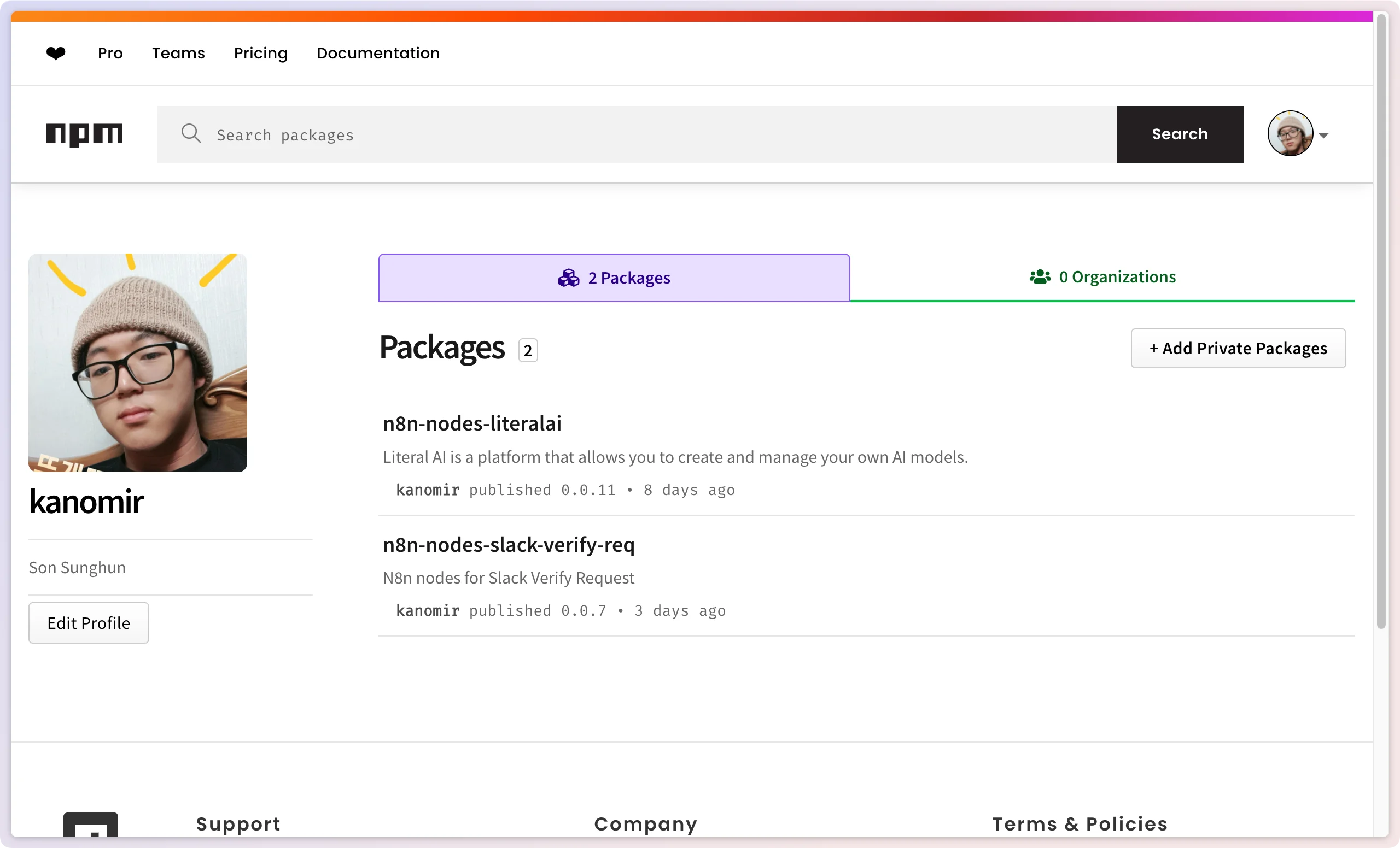 필자의 npmjs.com 프로필 페이지