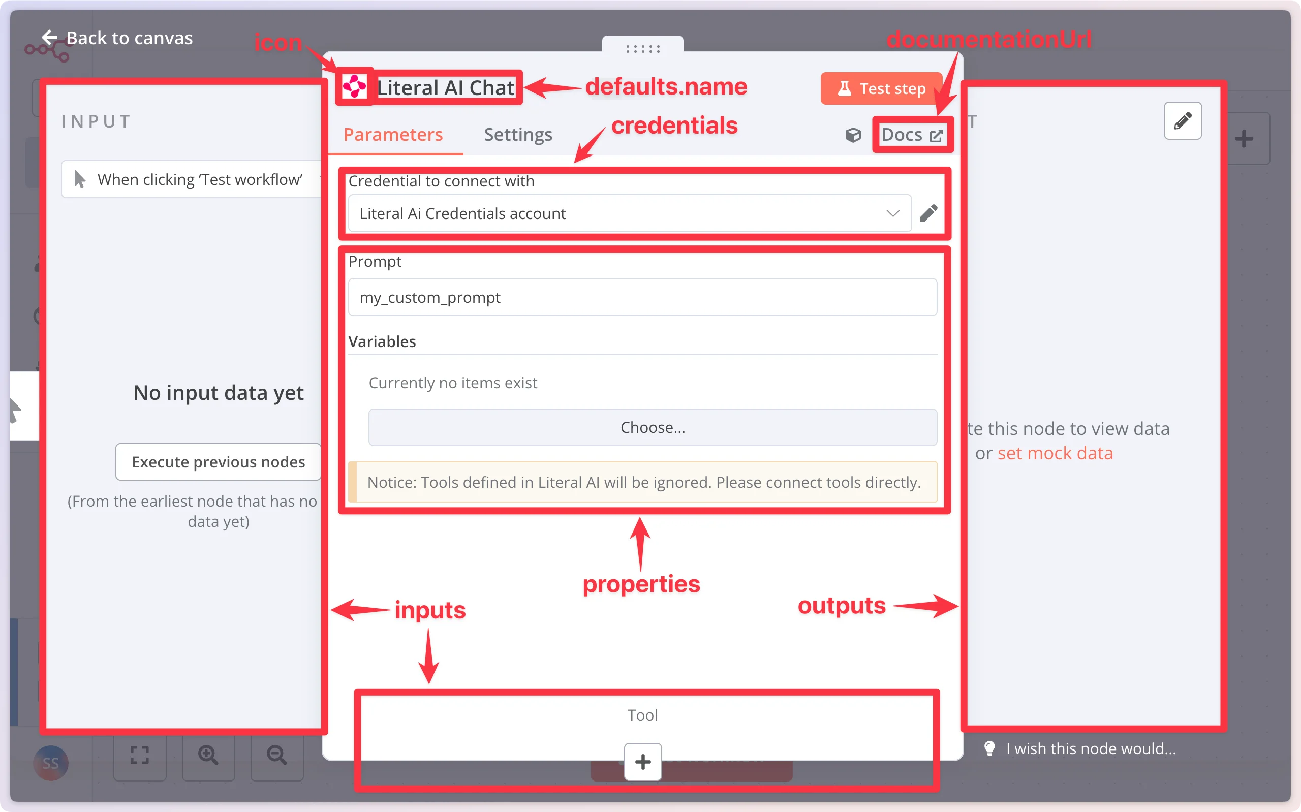 n8n 구성 요소: icon, defaults.name, documentationUrl, credentials, inputs, outputs, properties