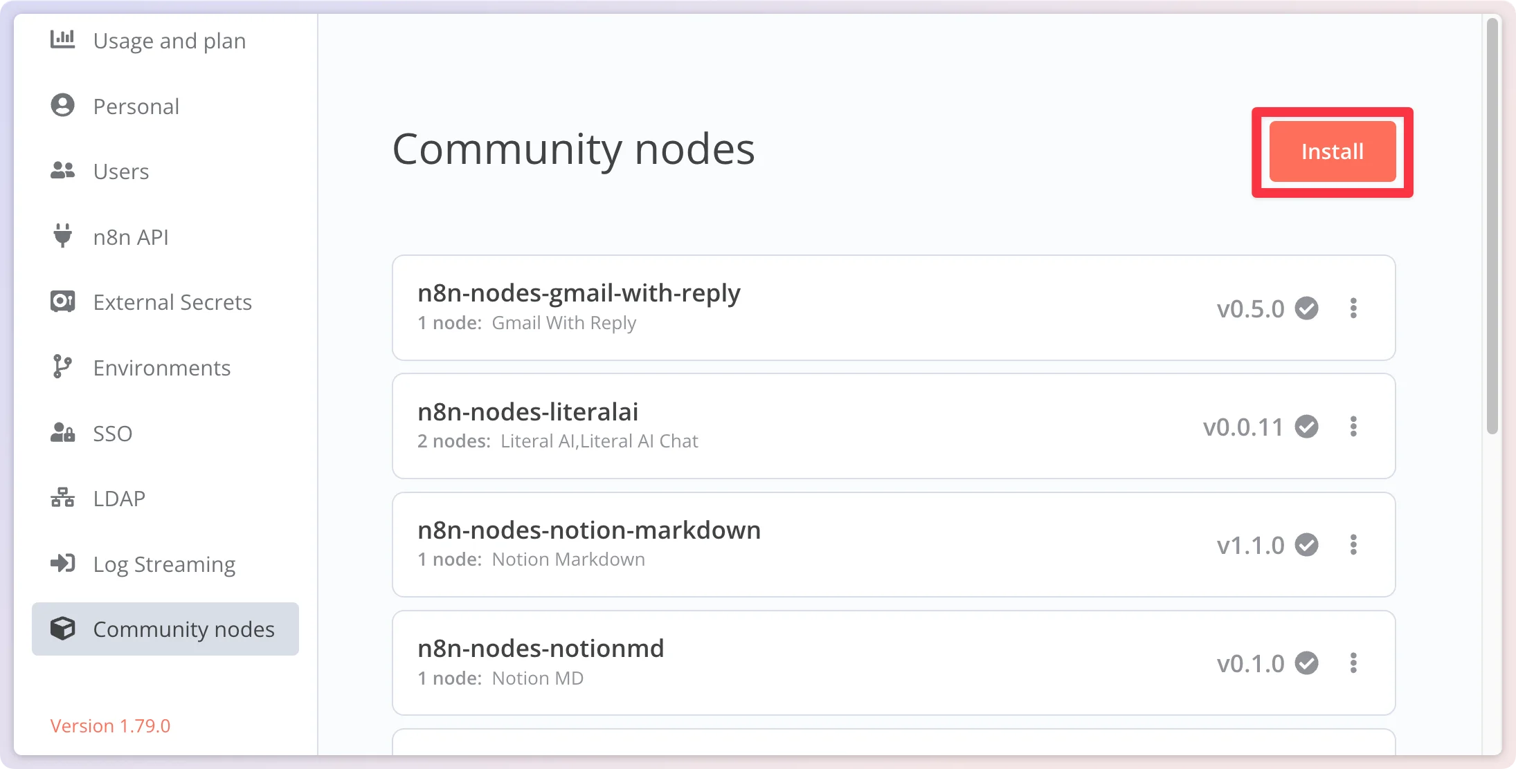 n8n Community nodes 설정 화면