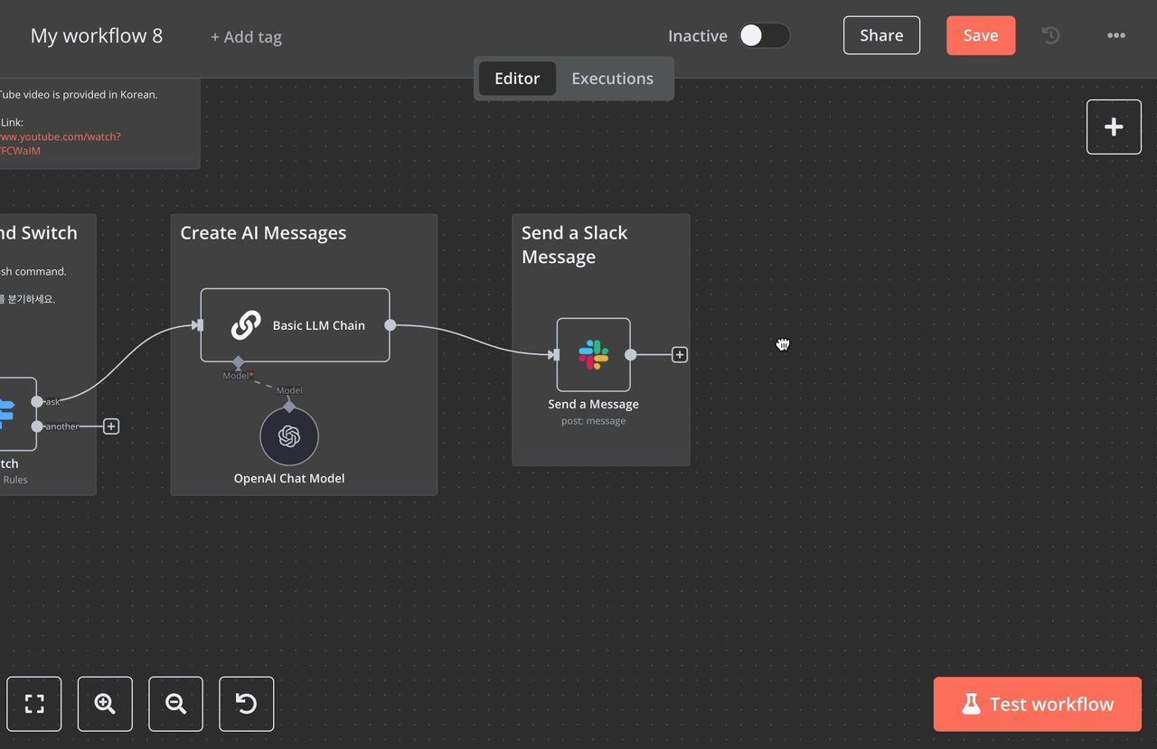 n8n에서 기존 워크플로의 노드를 새로운 워크플로에 재활용하는 모습