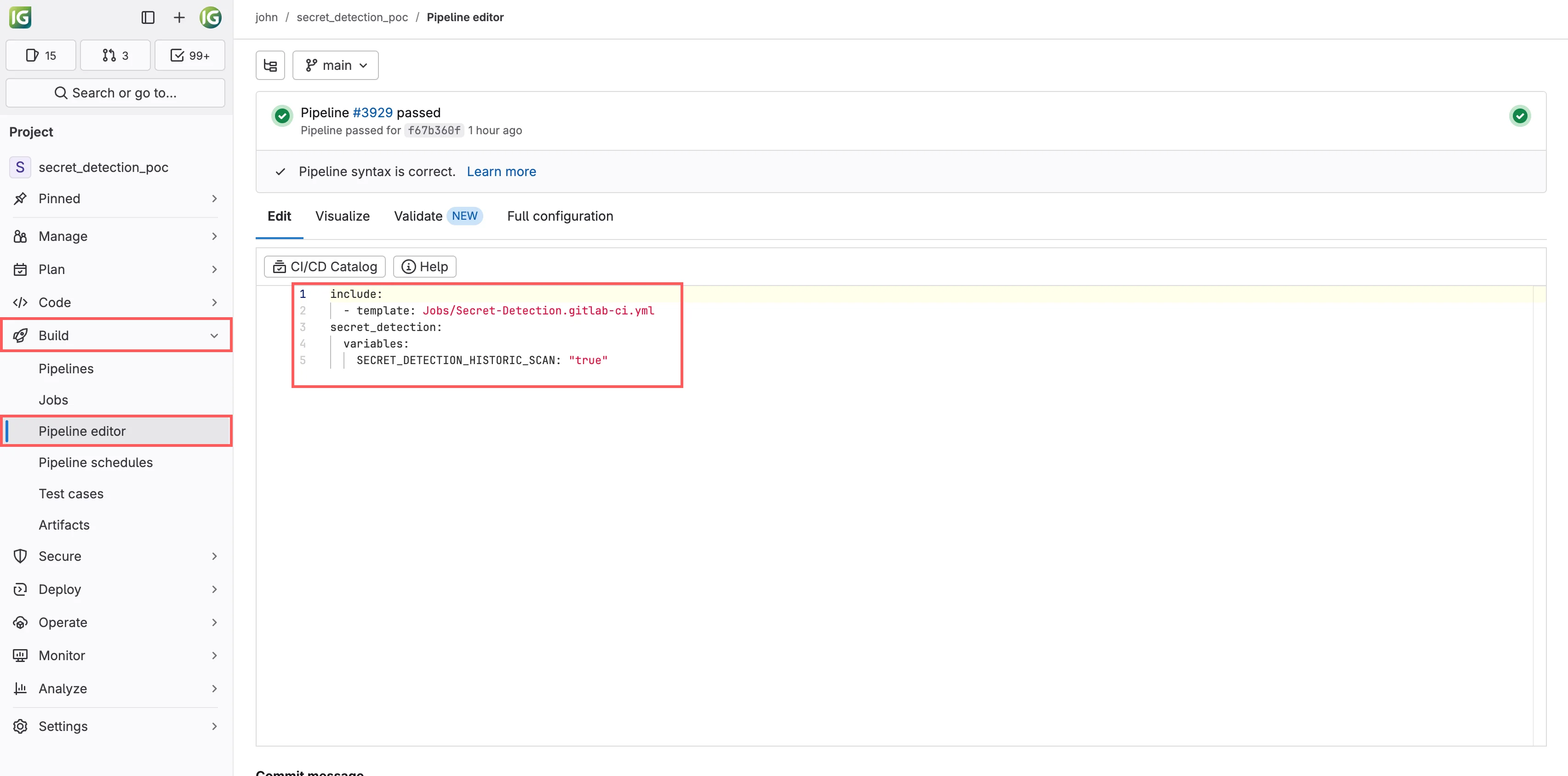.gitlab-ci.yml에 Secret Detection이 적용된 모습
