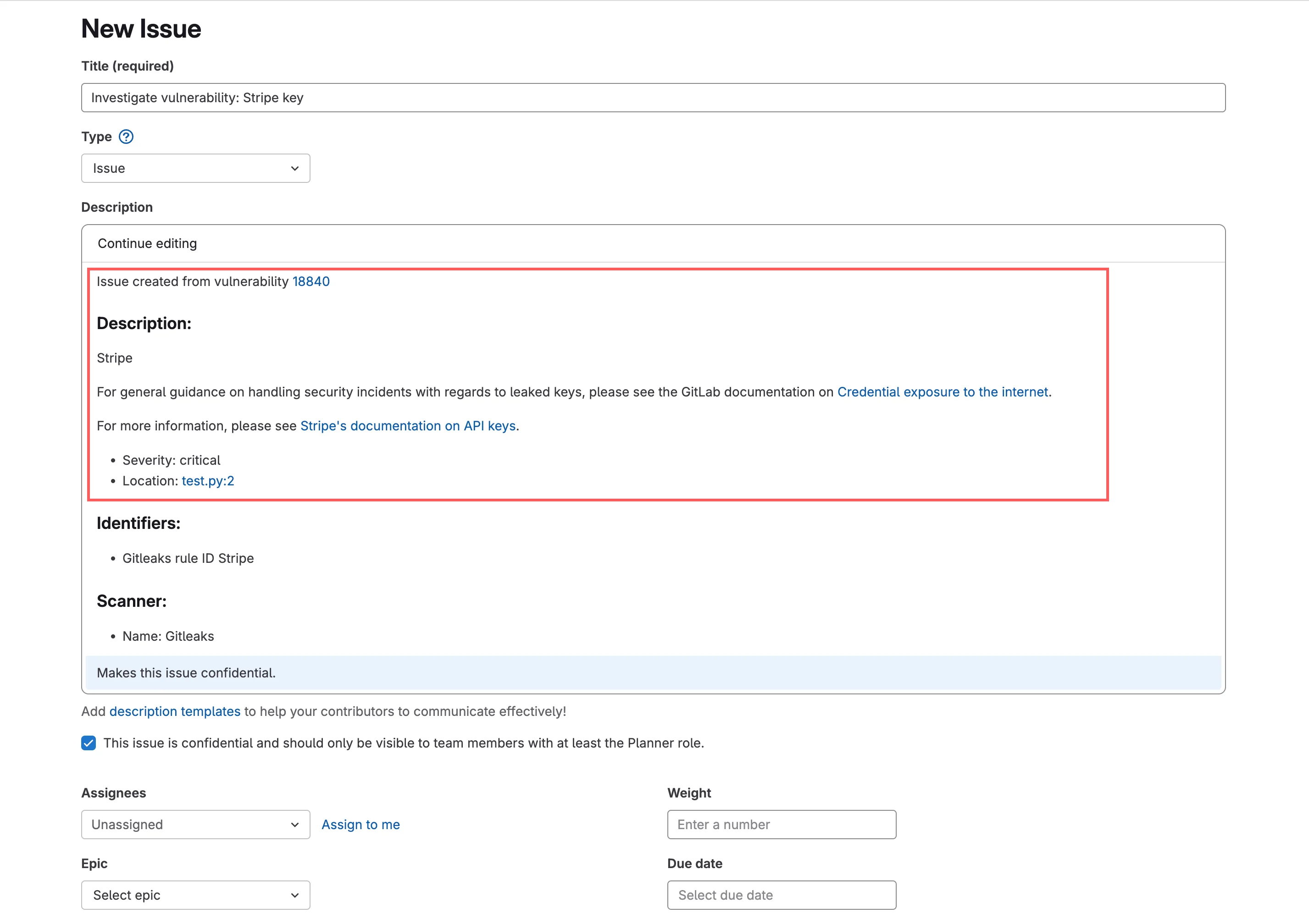 Create Issue 버튼을 클릭해 이슈 생성 창으로 이동한 모습