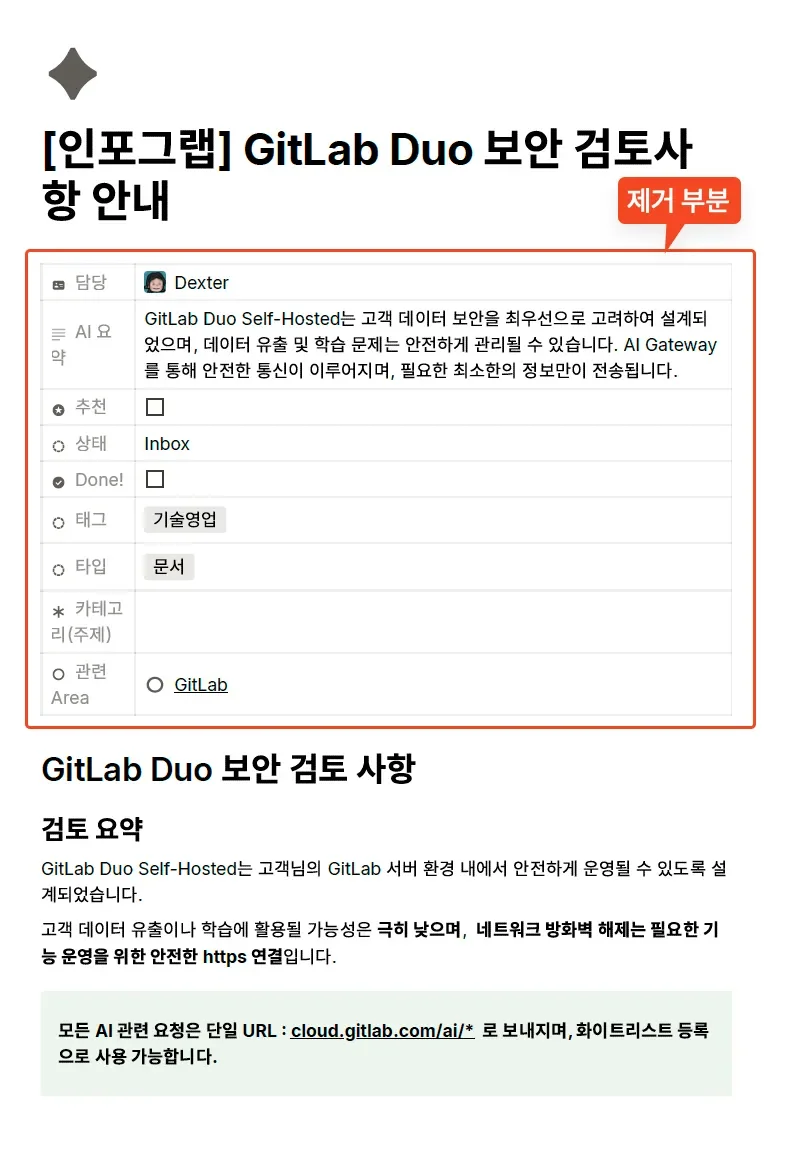 Notion 문서의 PDF 버전에 포함된 불필요한 메타 데이터 예시(AI 요약, 상태, 태그, 타입 등)