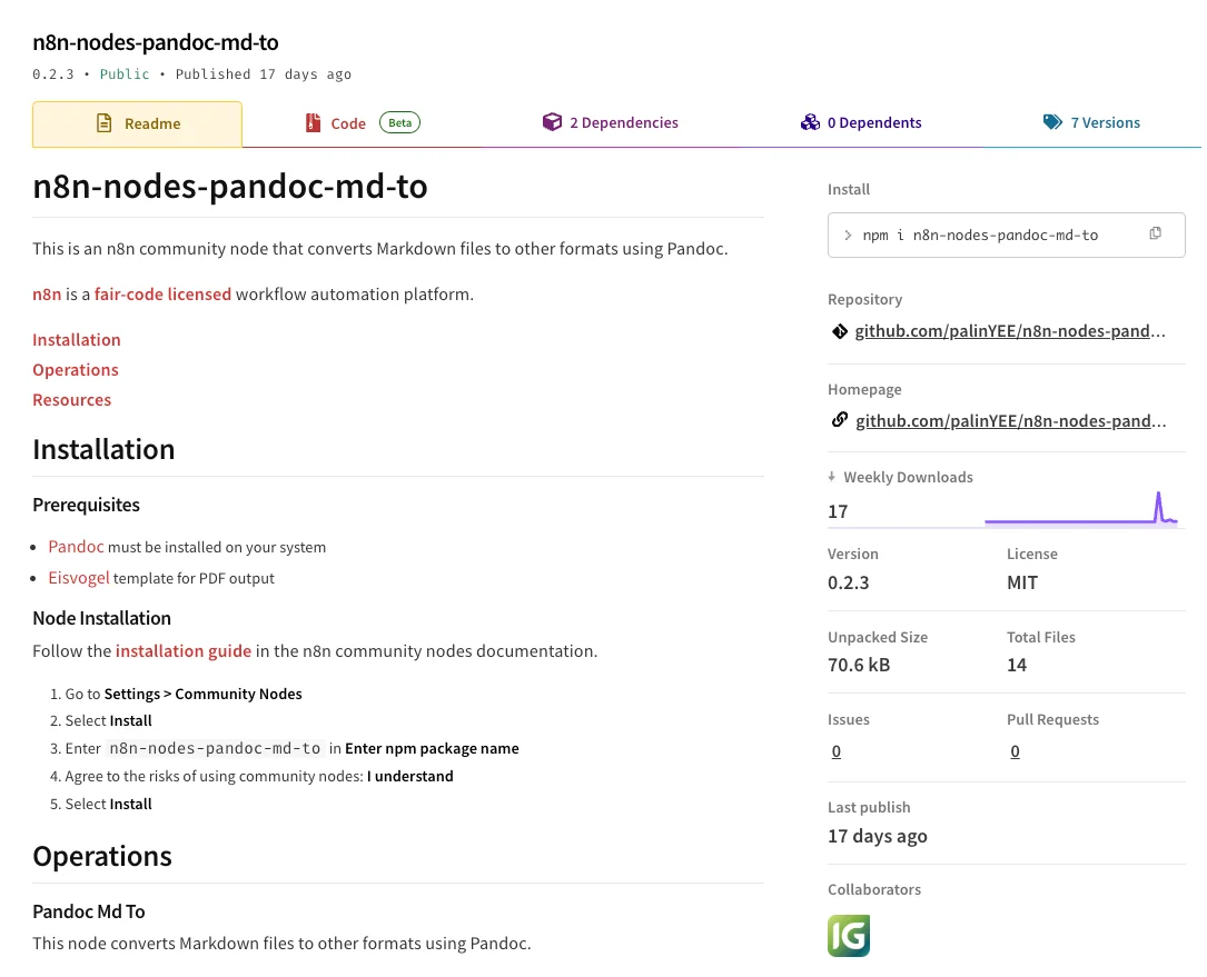 저자가 직접 개발한 Pandoc 실행용 n8n 커뮤니티 노드(n8n-nodes-pandoc-md-to) 구성