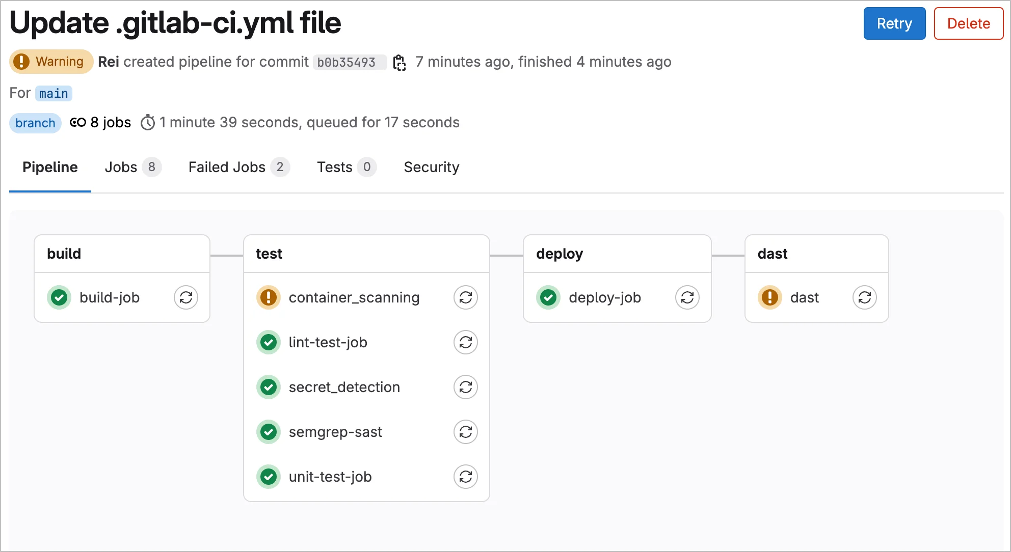 .gitlab-ci.yml을 생성한 뒤, 파이프라인 실행 결과