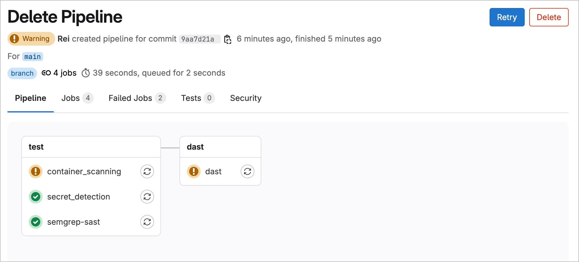 이전에 설정한 .gitlab-ci.yml 파일을 삭제한 뒤, 파이프라인 실행 결과