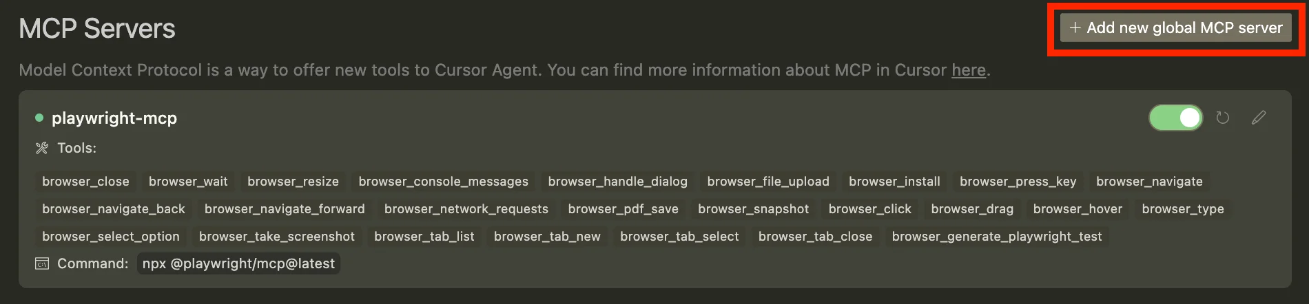 Cursor Settings에서 MCP 서버 추가 화면