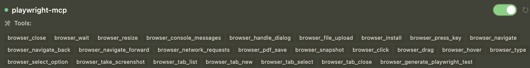 playwright-mcp 서버가 정상 등록된 화면