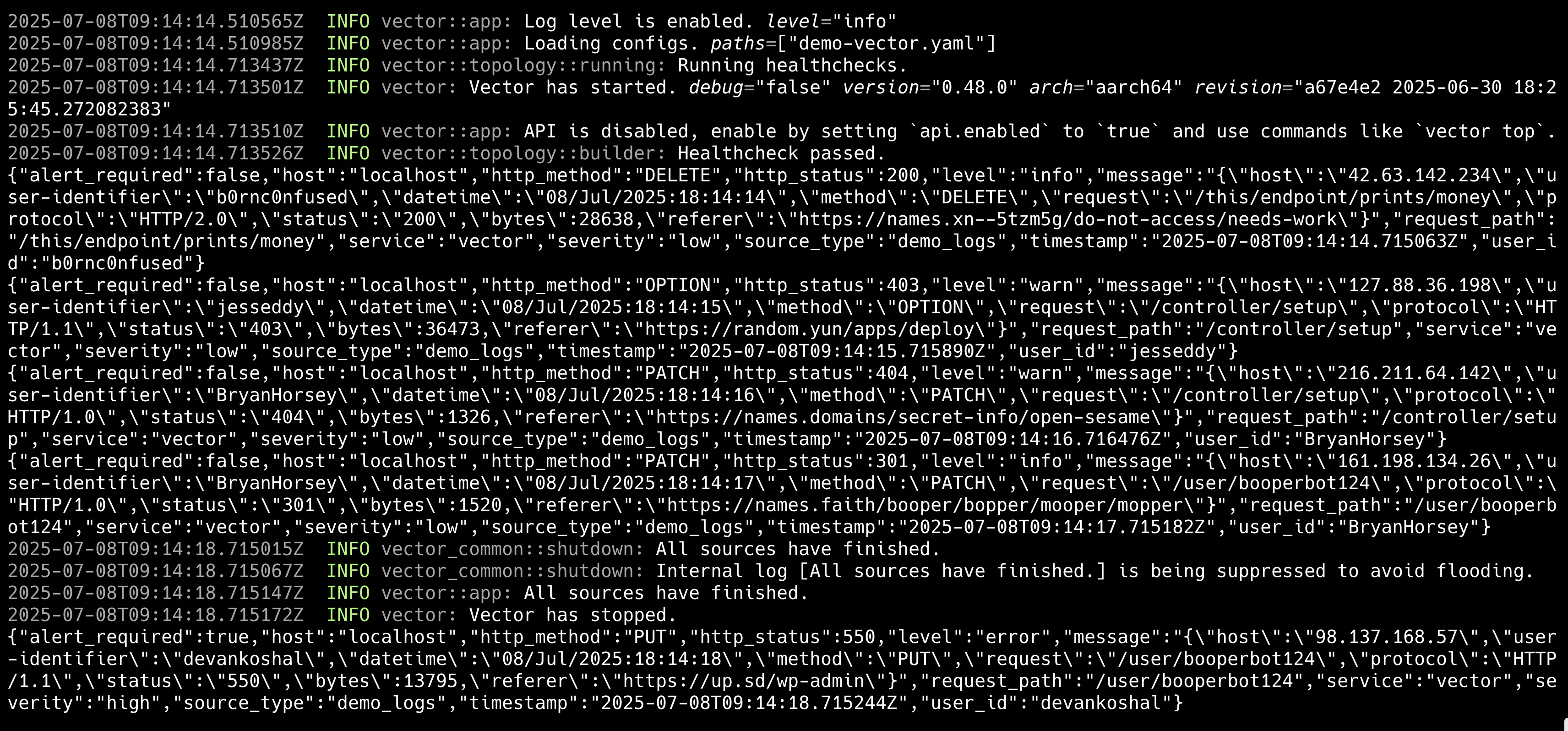 Vector 데모 실행 화면