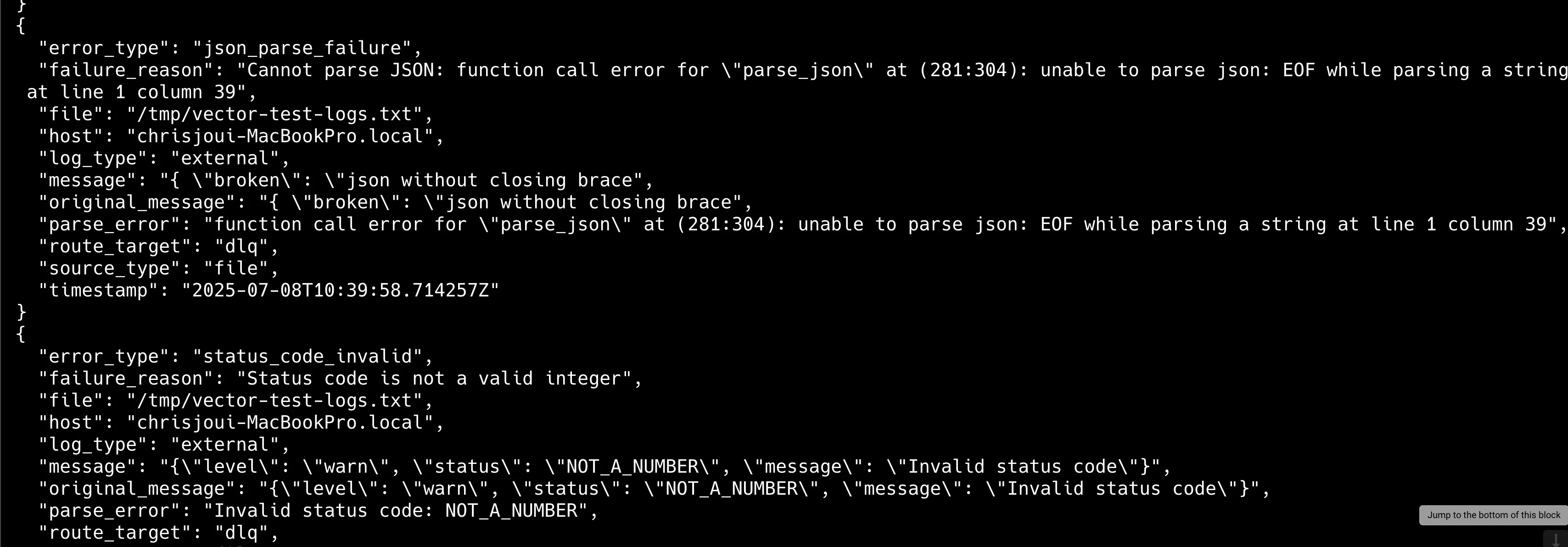 /tmp/vector-dlq-%Y-%m-%d-%H.log에 기록된 파싱 실패 로그 화면-1