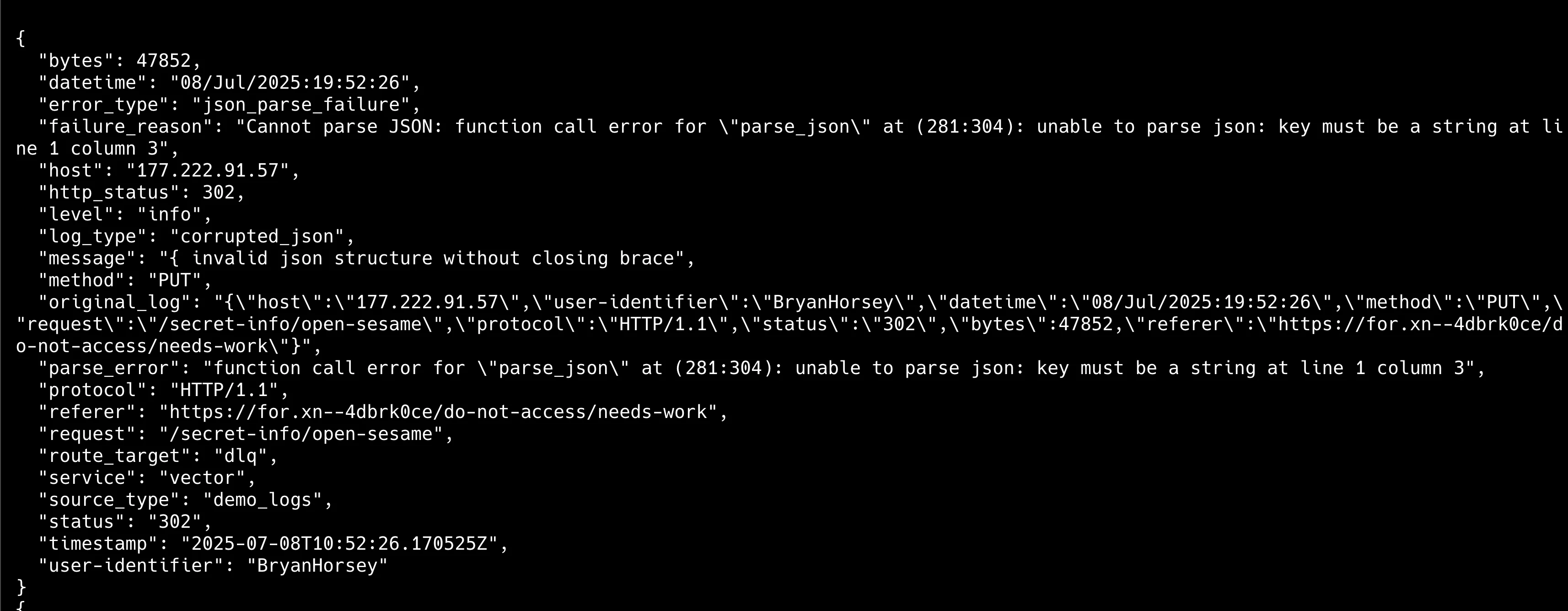 /tmp/vector-dlq-%Y-%m-%d-%H.log에 기록된 파싱 실패 로그 화면 -2