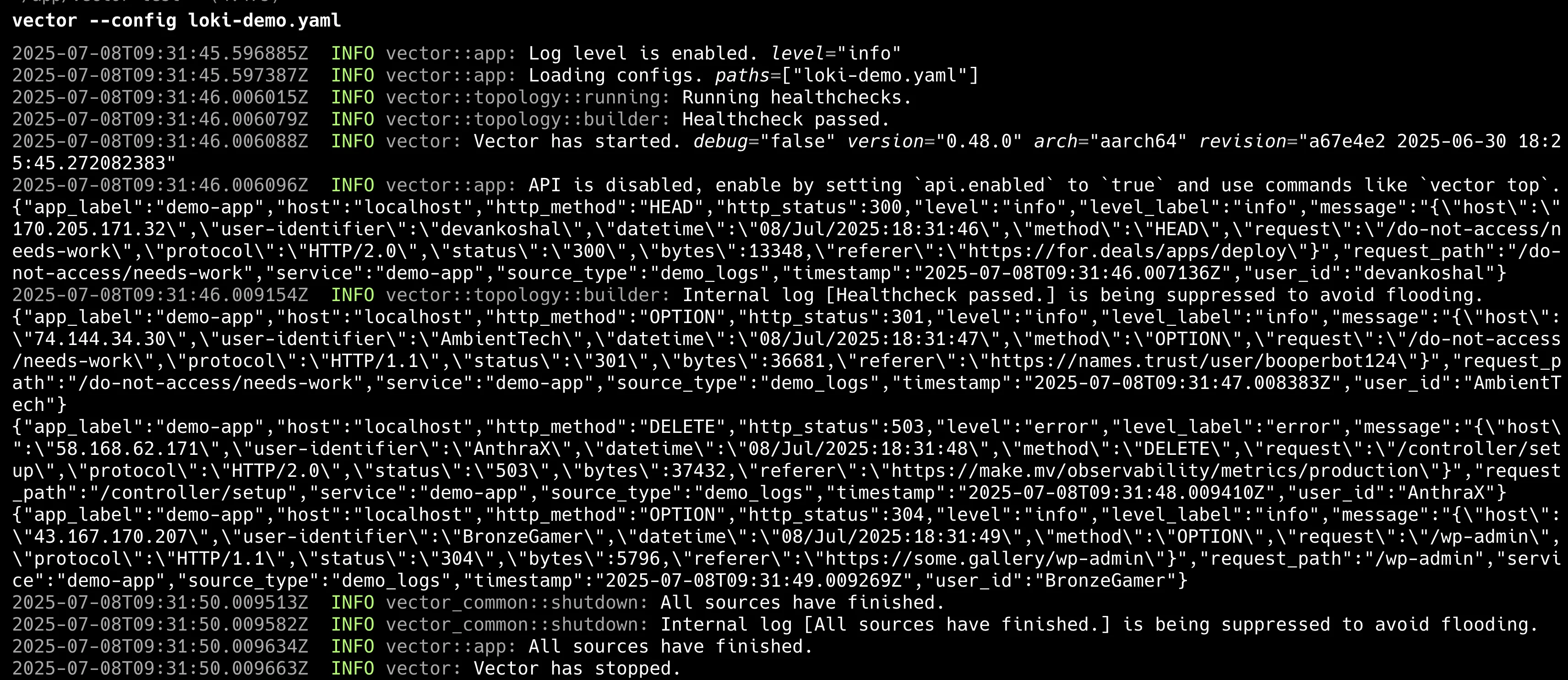Vector에서 Loki로 로그 전송 화면