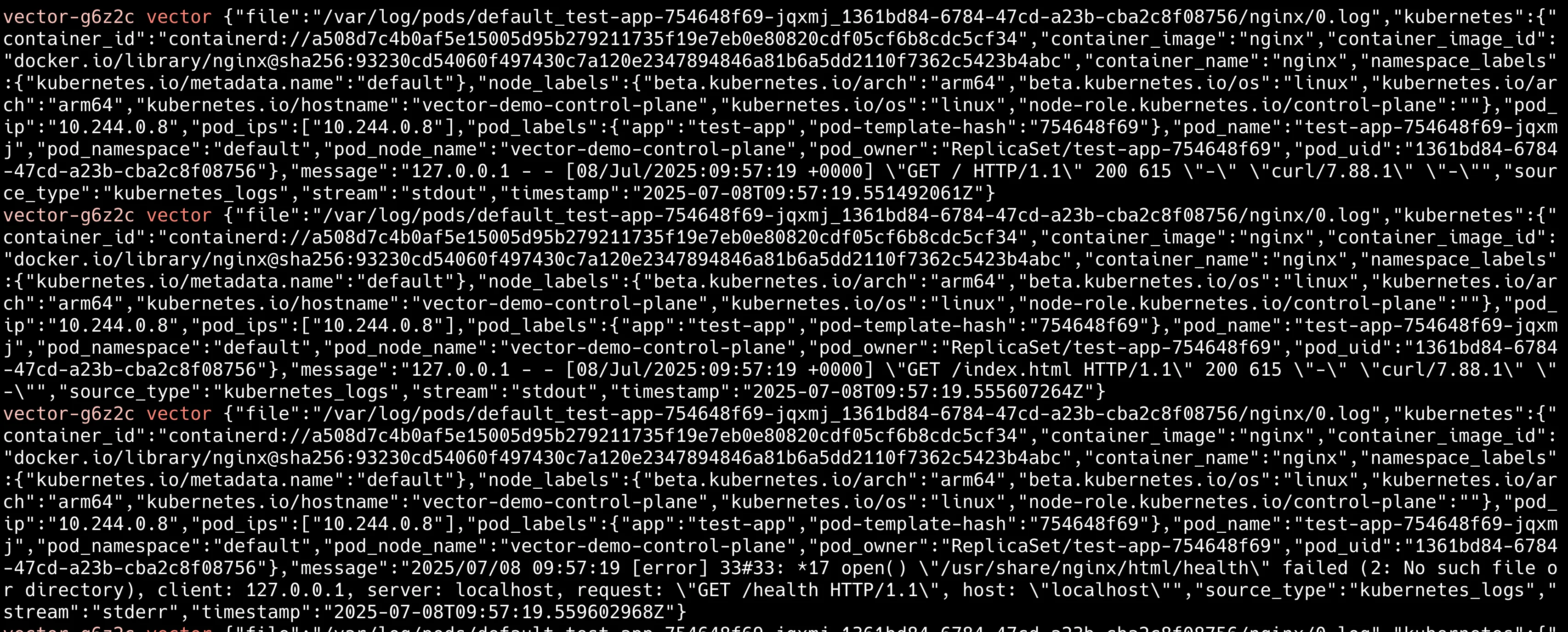 Vector의 Kubernetes 로그 수집 화면