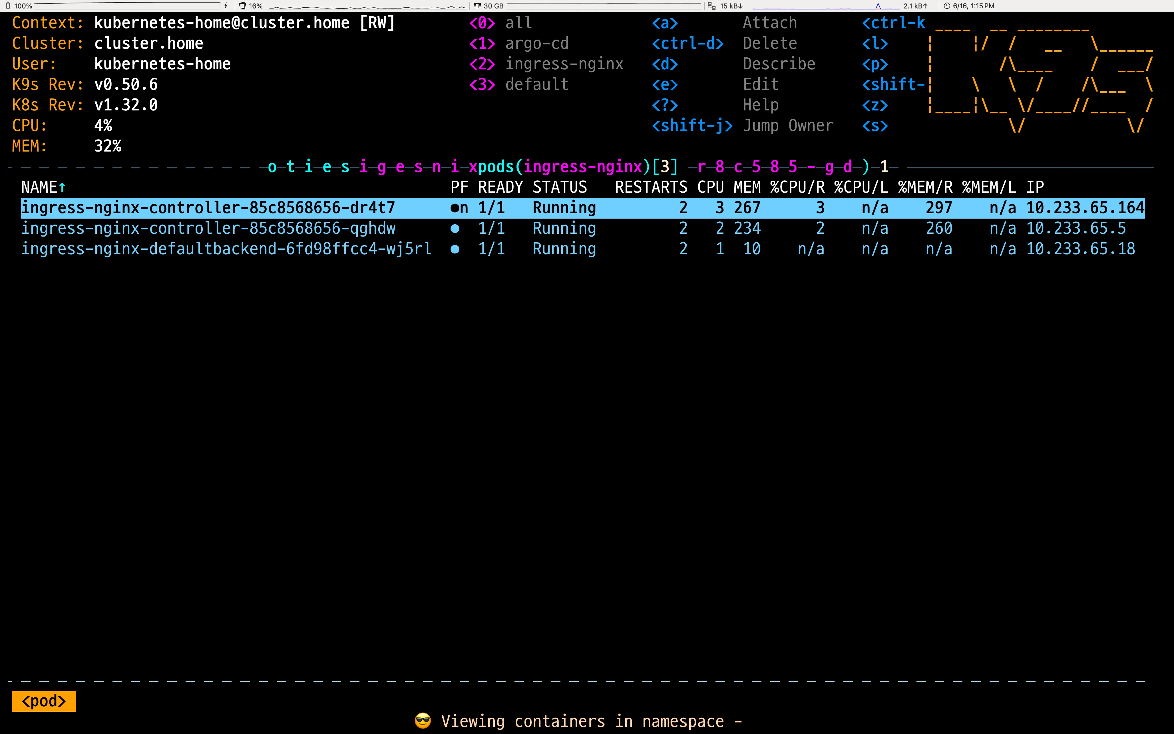 Pod 목록이 표시된 K9s 기본 인터페이스