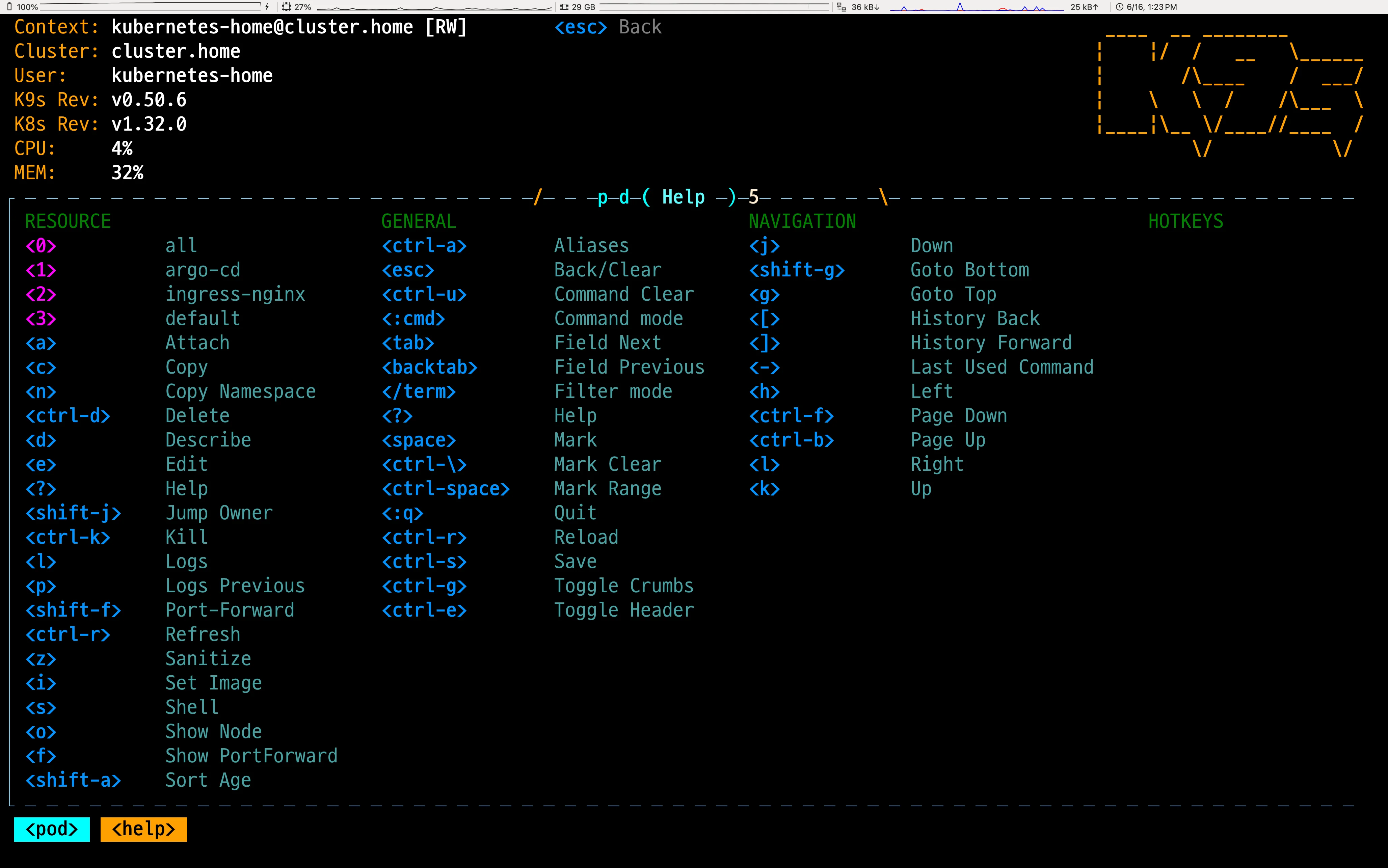 K9s 도움말 화면: ? 키를 눌렀을 때 표시되는 단축키 목록