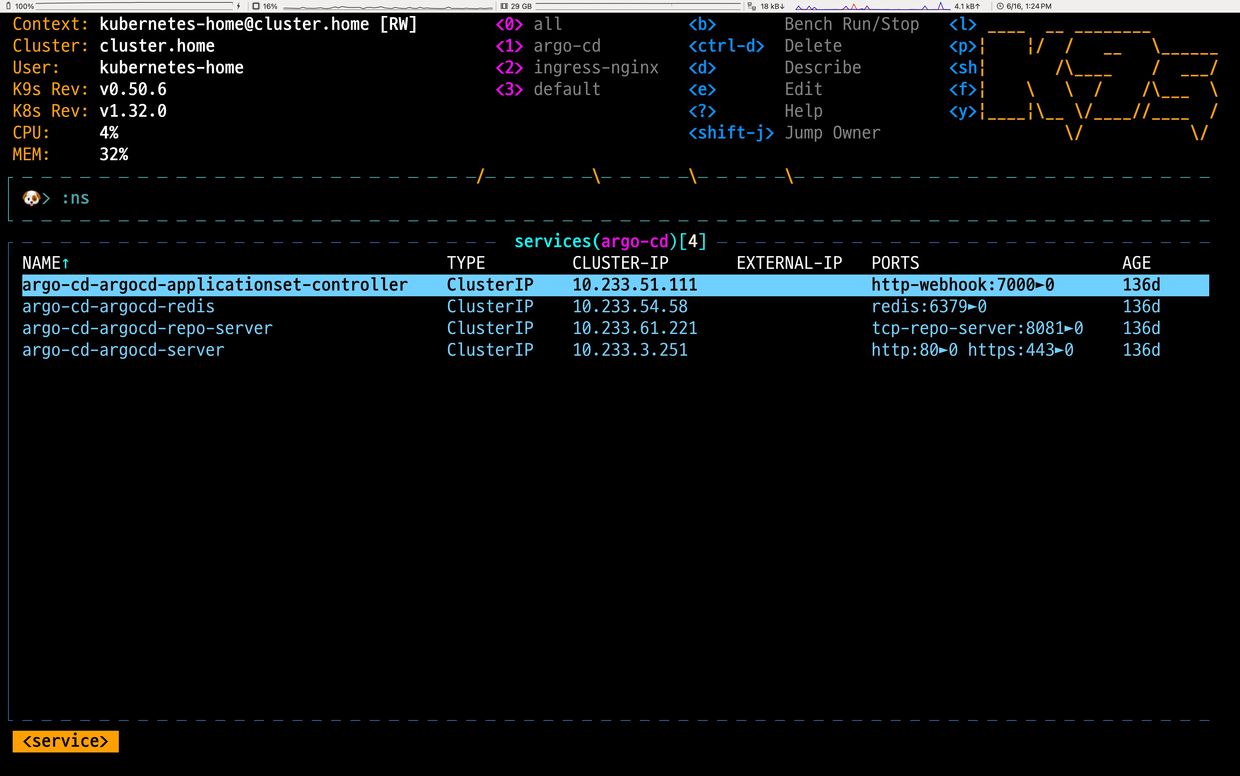 명령 모드에서 리소스 타입(ns)을 입력하는 화면