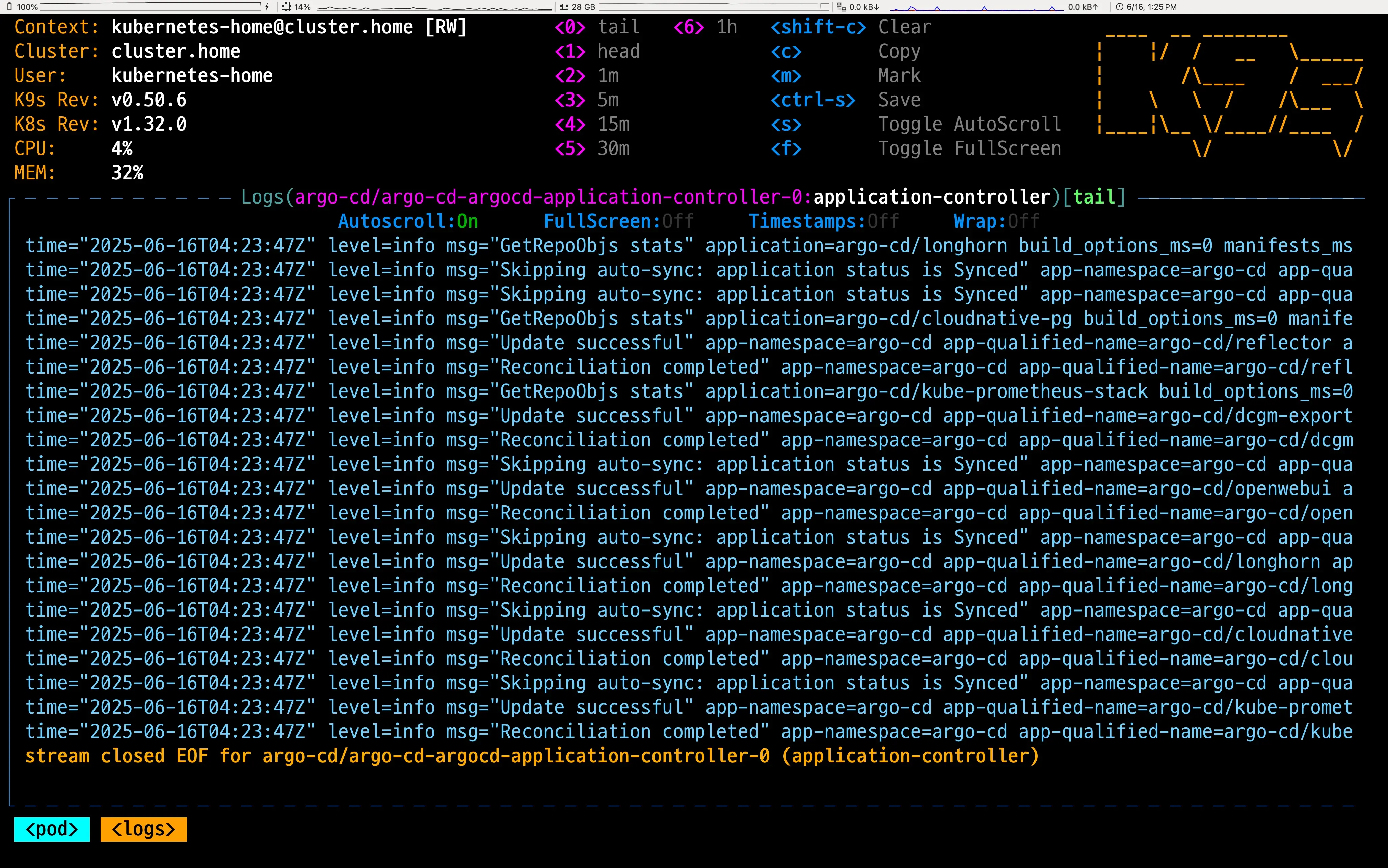 Pod의 실시간 로그 스트리밍 화면. 상단에 단축키 안내가 표시됨