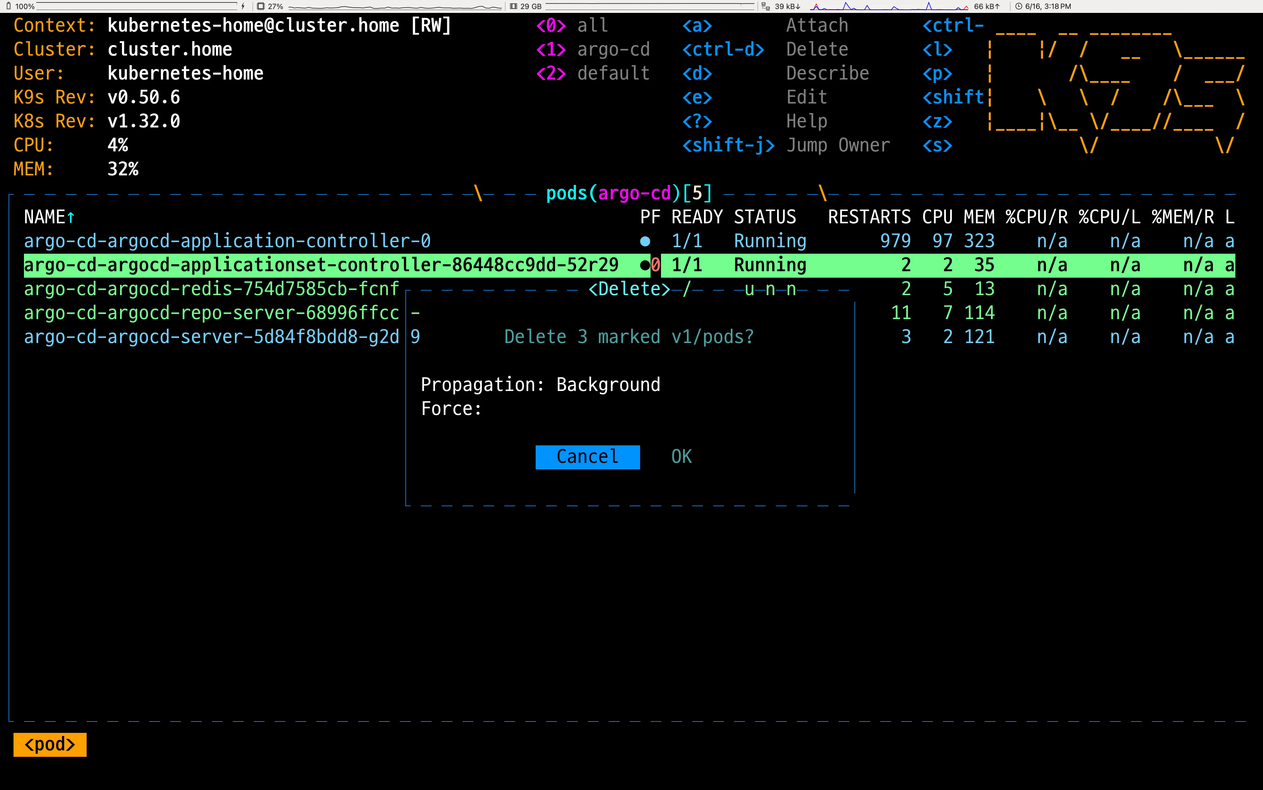 Pod 3개를 선택한 뒤, Ctrl + d 키를 누르면 삭제 확인 창이 뜨는 모습