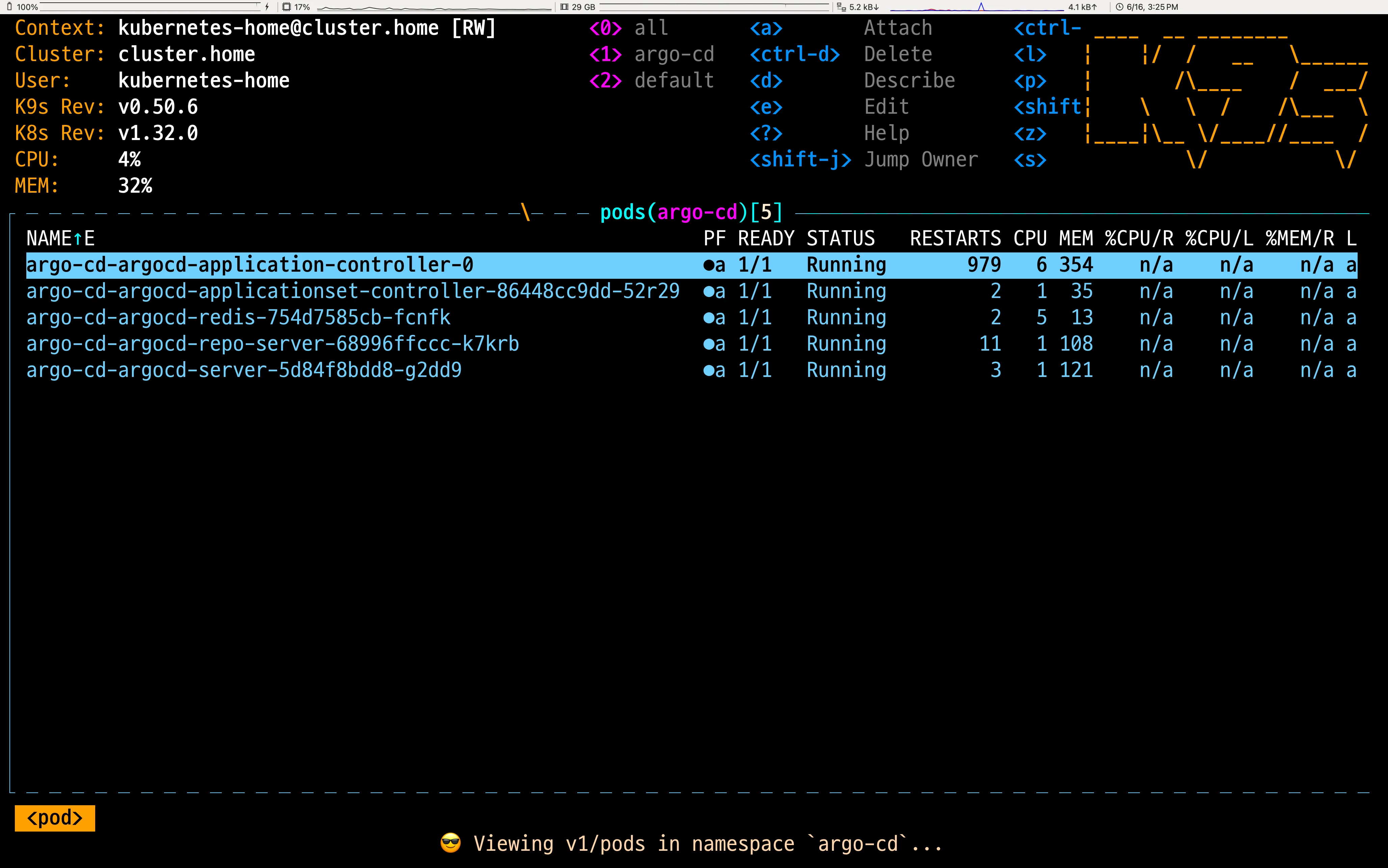 <1> argocd로 표시되면 1 키를 눌러 Argocd 네임스페이스로 바로 전환