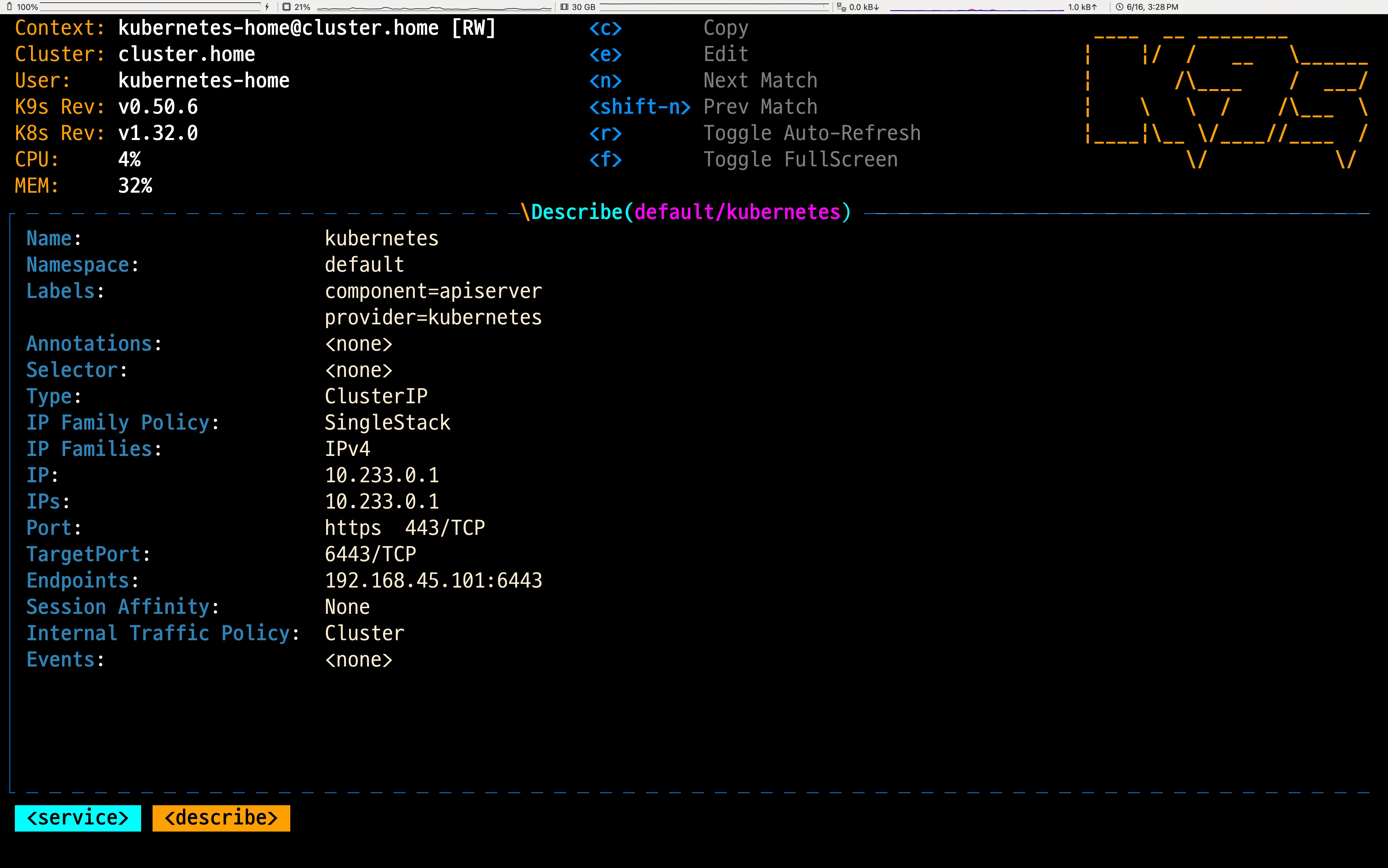 Kubernetes default Service의 Describe 화면
