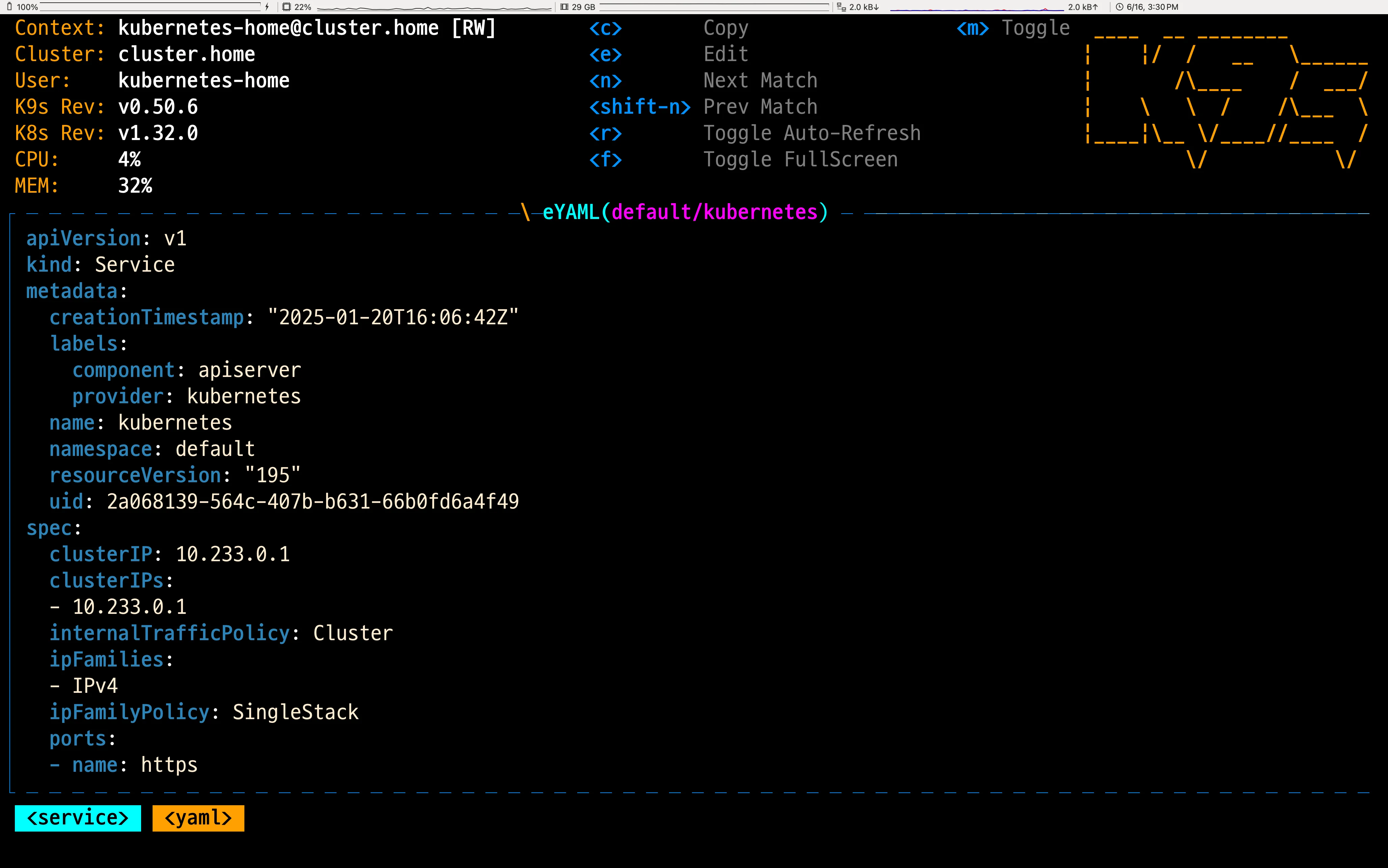 Kubernetes default Service의 YAML 편집 화면