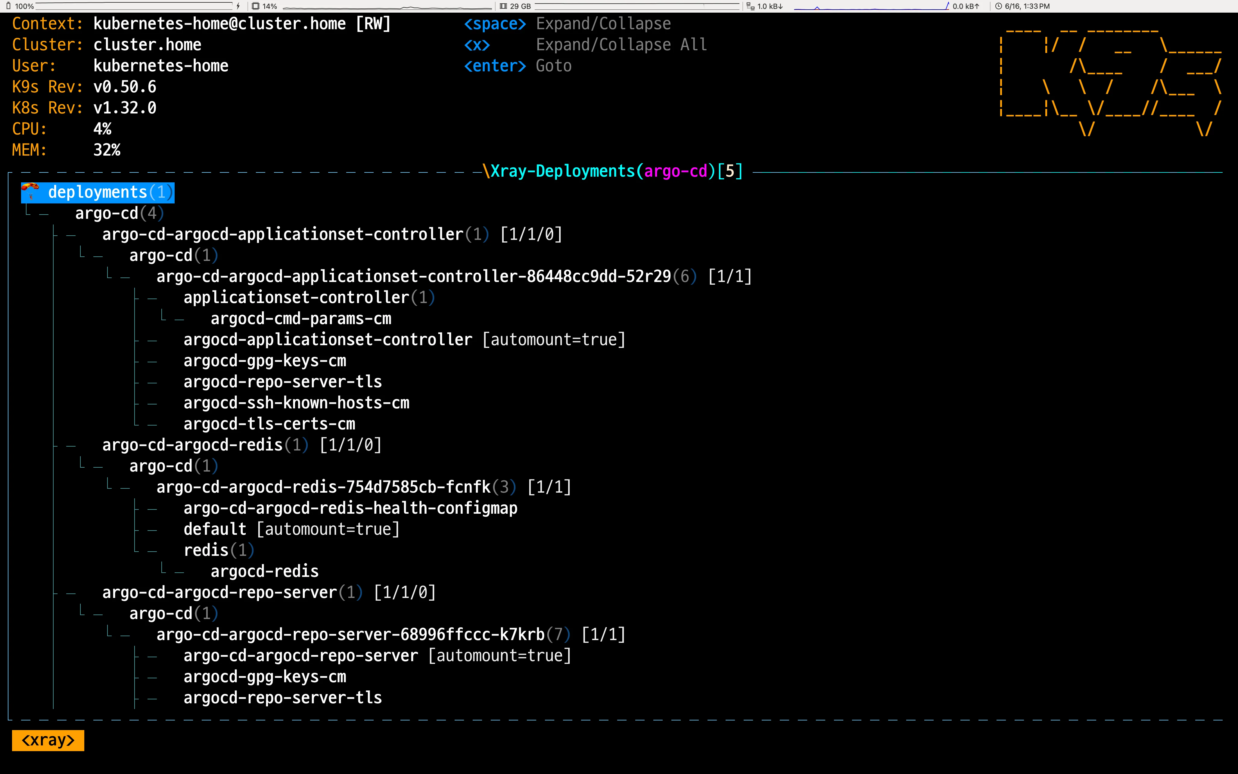 XRay 모드 화면 - ArgoCD Namespace의 Deployment와 관련 리소스의 트리 구조