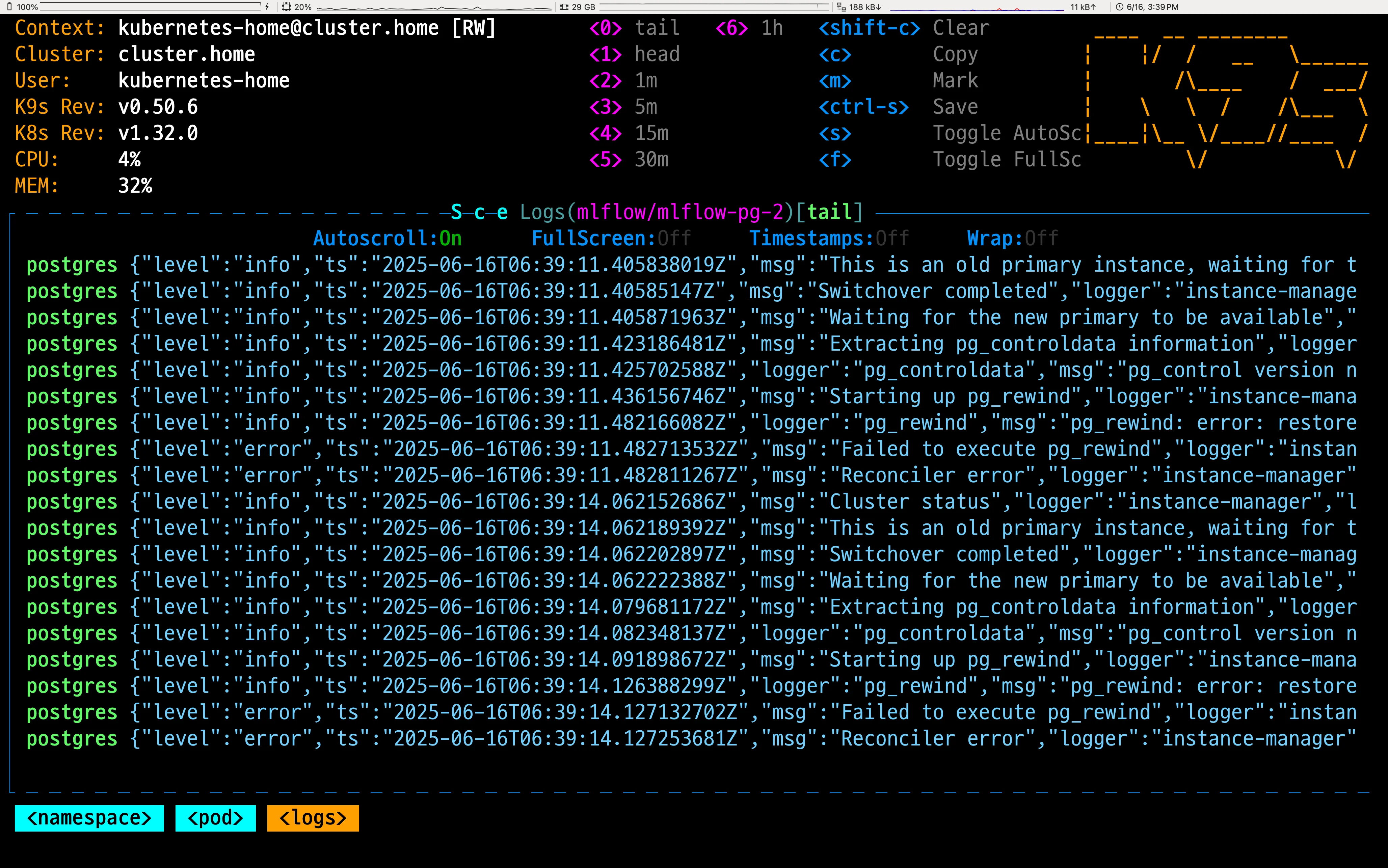 문제가 발생한 Pod에서 로그를 확인하는 모습