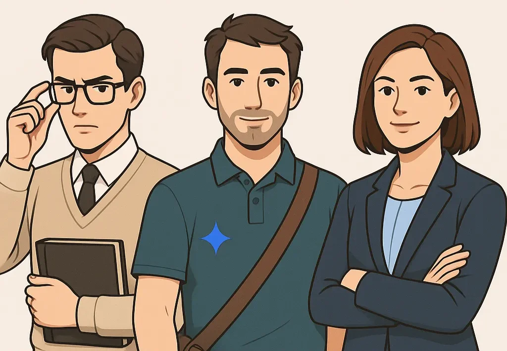 왼쪽부터 Claude Sonnet 4, Gemini 2.5 Pro, GPT-4.1 시스템 프롬프트의 특징을 의인화한 모습. Claude Sonnet 4는 꼼꼼한 완벽주의자, Gemini 2.5 Pro는 실용적이고 숙련된 개발자, GPT-4.1은 소신 있는 사회생활 만렙 일잘러의 모습을 표현함