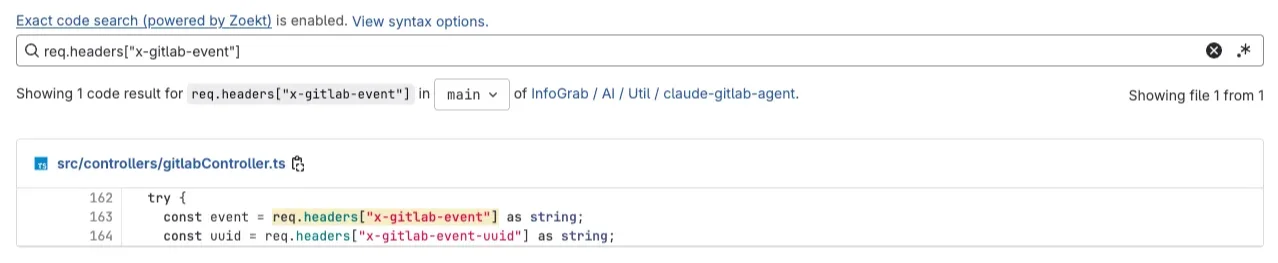 GitLab에서 정확한 일치 모드로 검색한 결과 화면