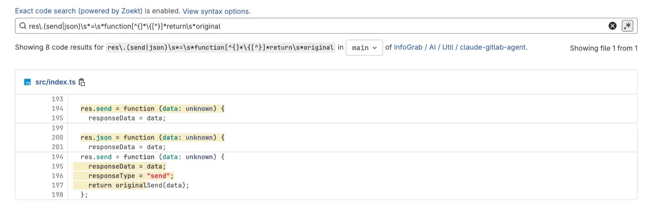 GitLab에서 정규 표현식 모드로 검색한 결과 화면