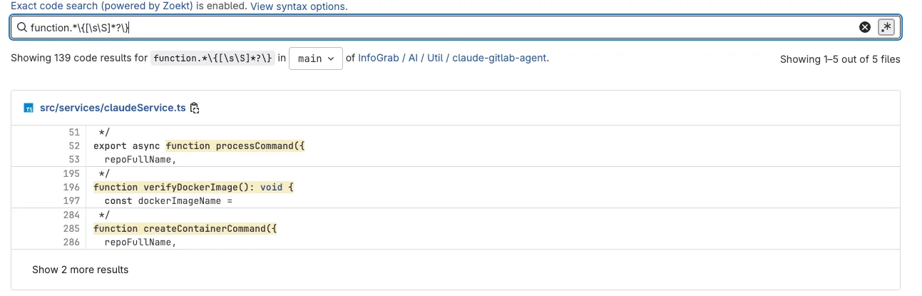 GitLab에서 멀티 라인 일치 방식으로 검색한 결과 화면