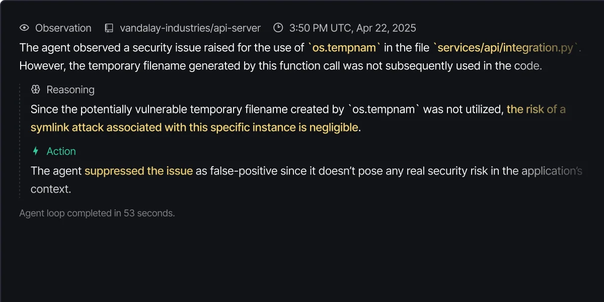 DeepSource의 ‘False Positive Triage’ 에이전트 동작 화면. 출처=DeepSource