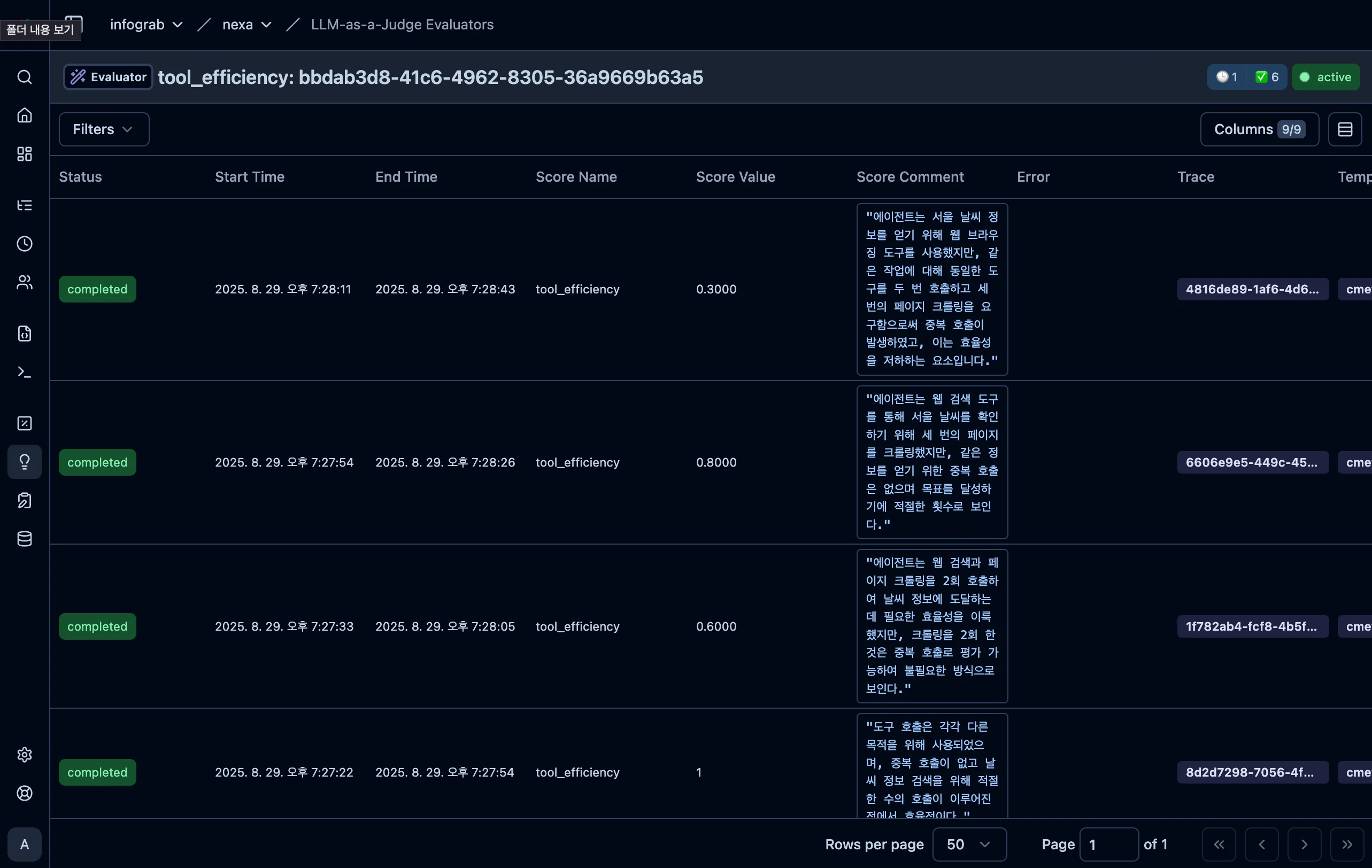 NEXA에서 Langfuse의 LLM-as-a-Judge Evaluator로 도구 효율성을 평가한 결과