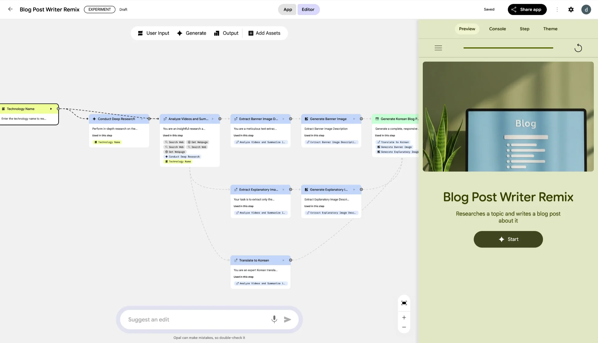 자연어 입력으로 완성된 기술 블로그 자동 생성 앱의 워크플로. 출처=Opal