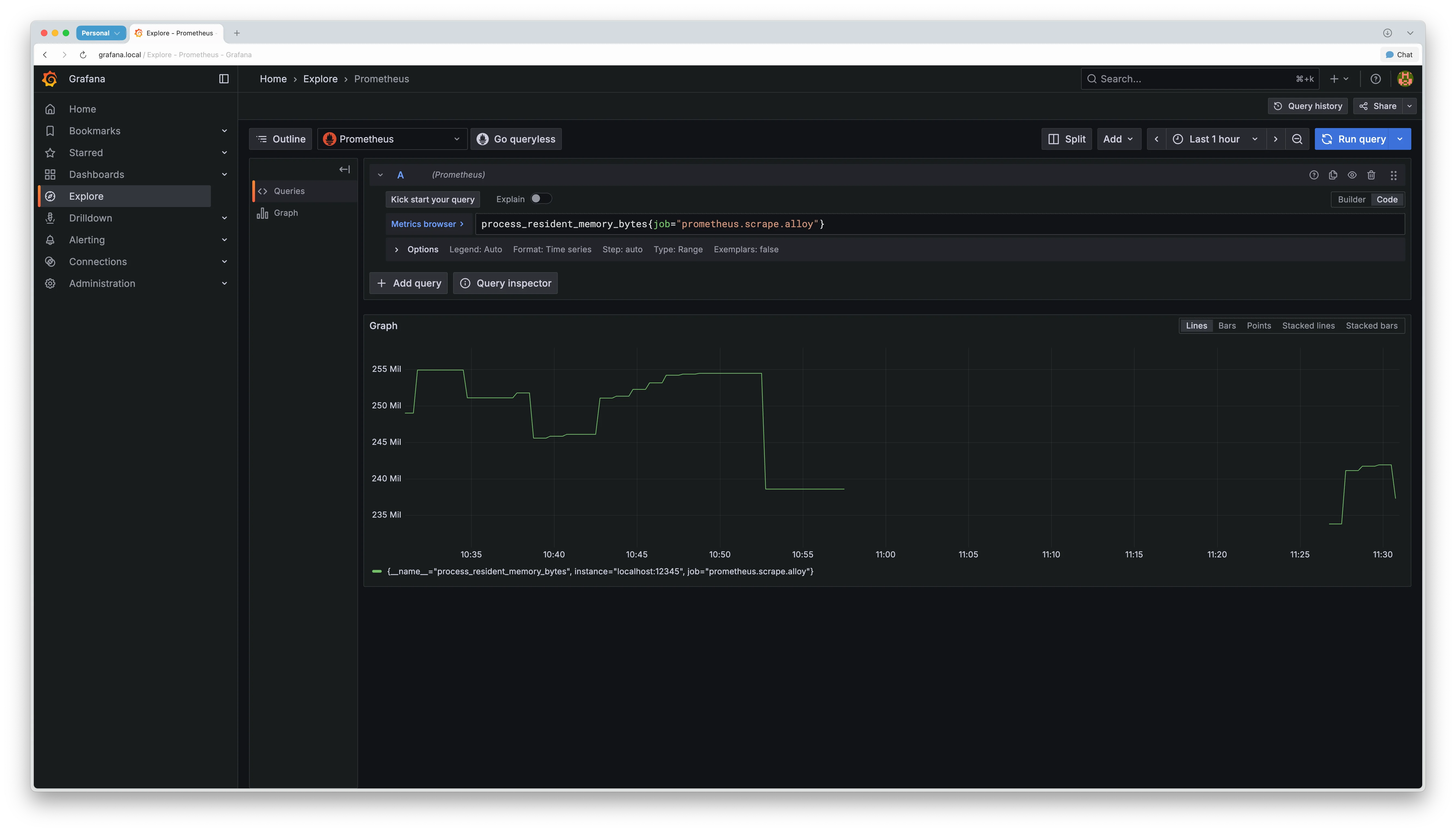 Grafana Explore의 메트릭 표시 화면
