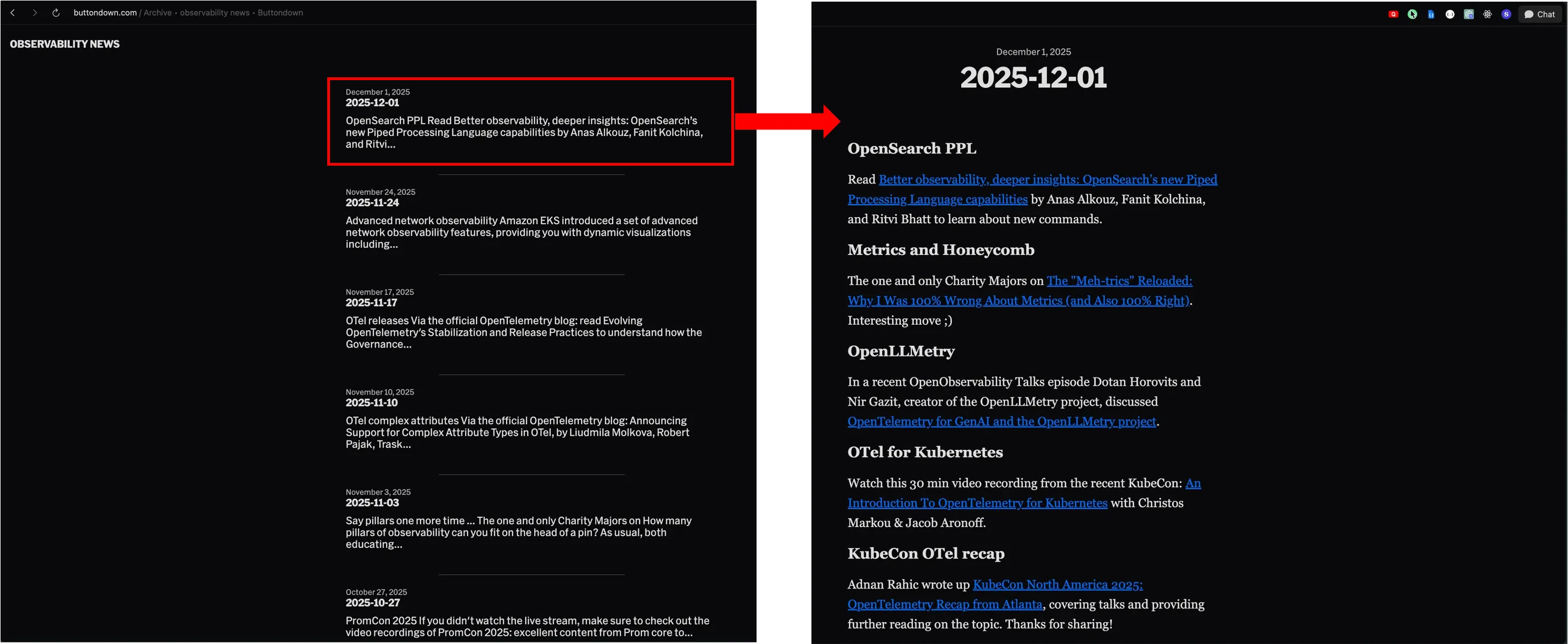 Observability News 뉴스레터 특정 회차 페이지 내 외부 링크 구조 (오른쪽)