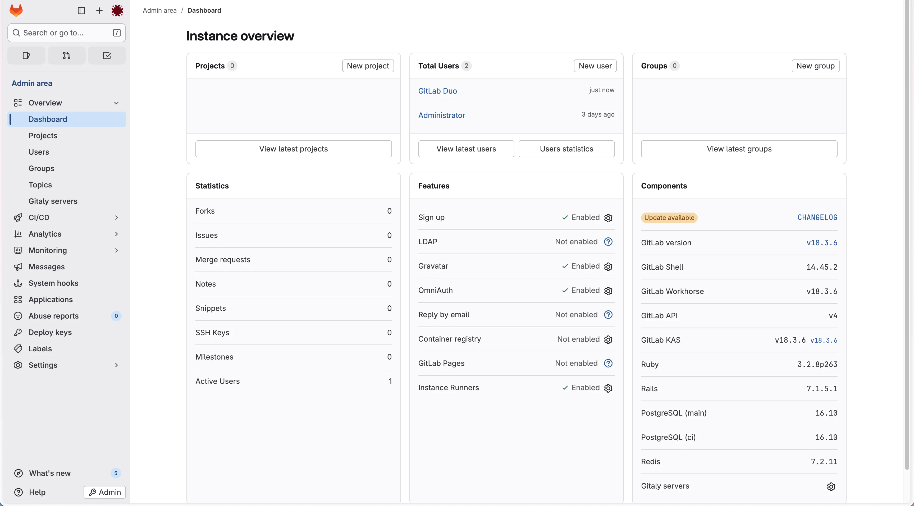 18.3.6으로 업그레이드가 완료된 GitLab 상태