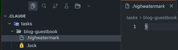 모든 태스크 완료 후 JSON 파일이 삭제되고, .highwatermark에 마지막 태스크 번호(5)가 기록된 모습