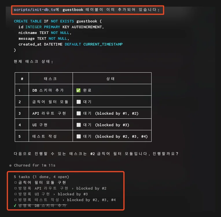 1번 터미널이 동일한 태스크를 실행하려 했지만, 이미 완료된 상태를 탐지하고 중복 실행을 건너뛴 모습