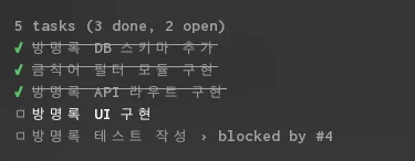 이전 세션에서 완료된 3개 태스크가 반영된 상태로 태스크 목록이 로드된 모습
