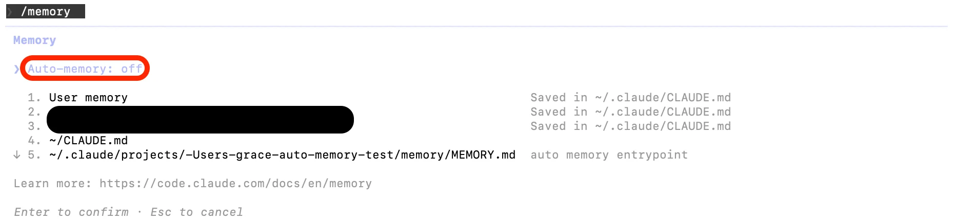 Auto memory 비활성 상태