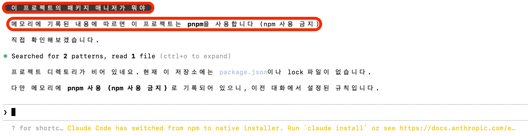 새 세션에서 메모리에 저장된 pnpm 규칙을 응답하는 모습