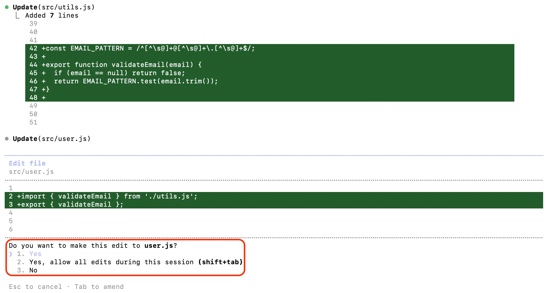 /simplify가 도출한 수정 사항의 적용 승인을 요청하는 화면