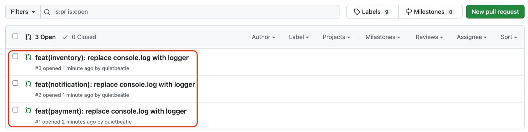 GitHub에 생성된 작업 단위별 PR 목록