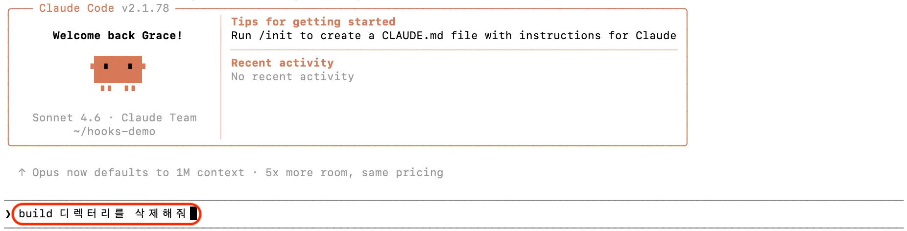 Claude Code에서 build 디렉터리 삭제를 요청하는 화면